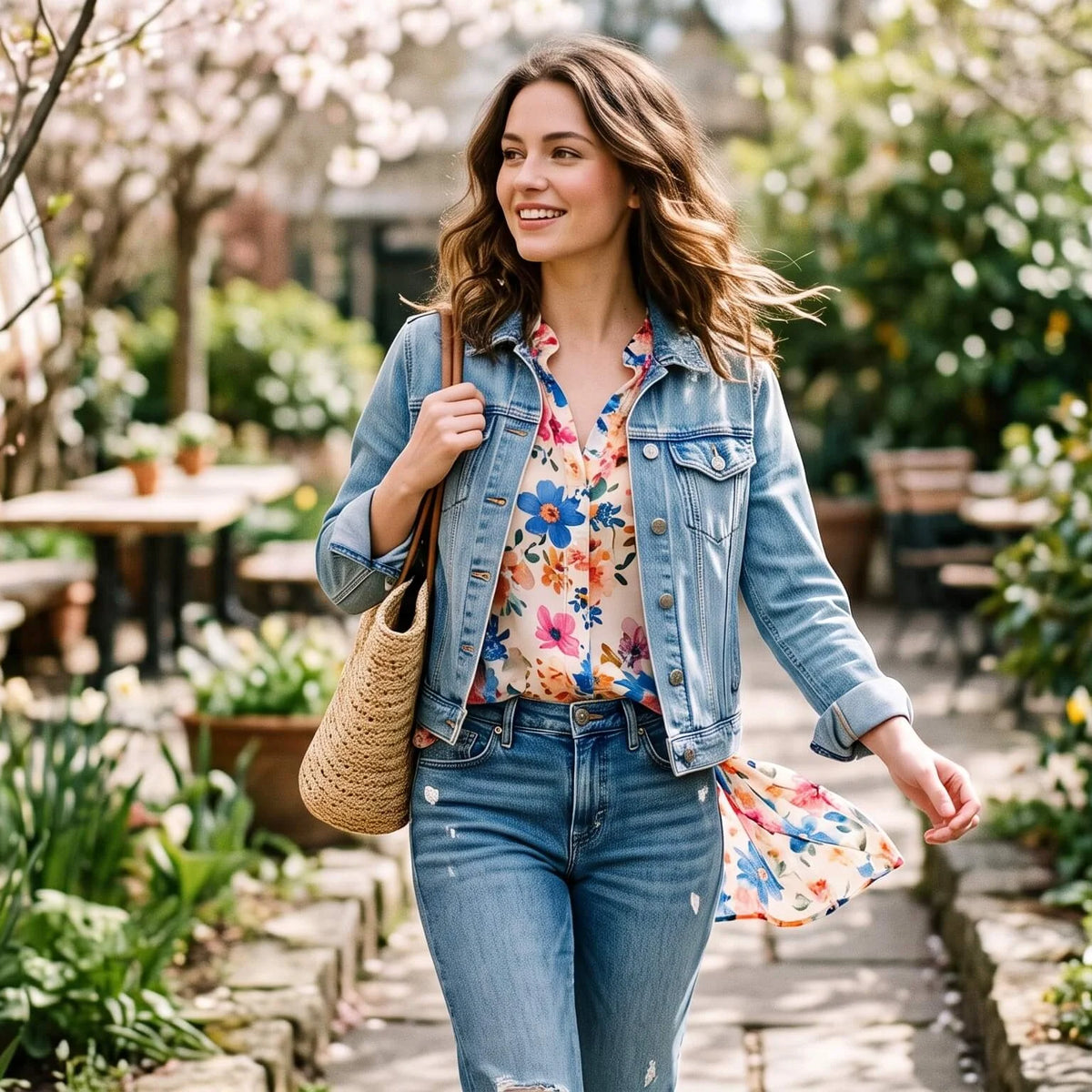 Woman in floral chiffon blouse and denim jacket walking in a spring garden.