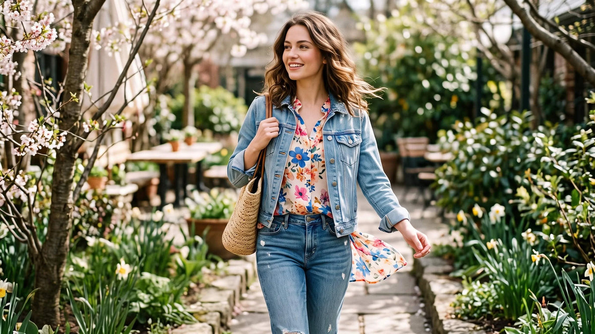 Woman in floral chiffon blouse and denim jacket walking in a spring garden.