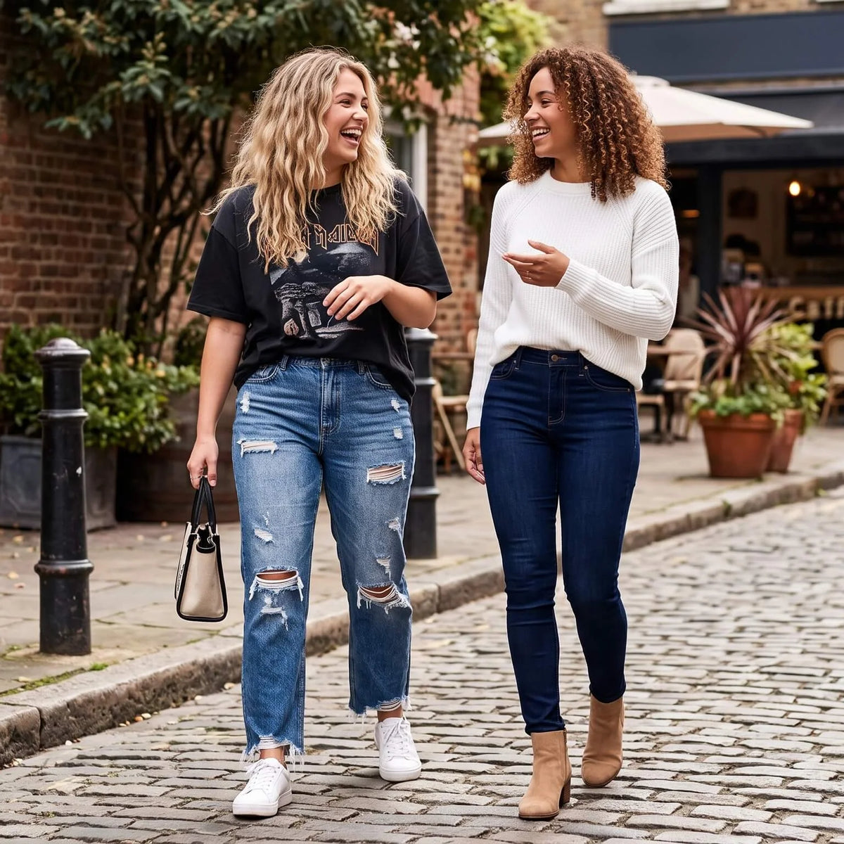 Two smiling women walking on a cobbled street, one in ripped jeans, one in skinny jeans.