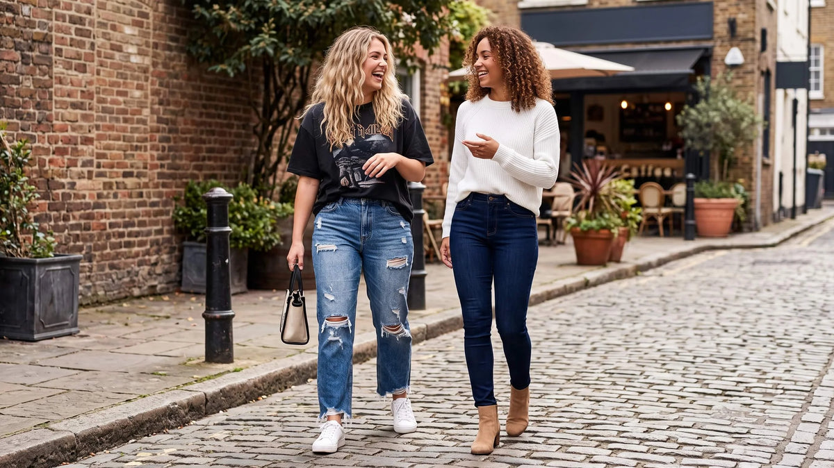 Two smiling women walking on a cobbled street, one in ripped jeans, one in skinny jeans.