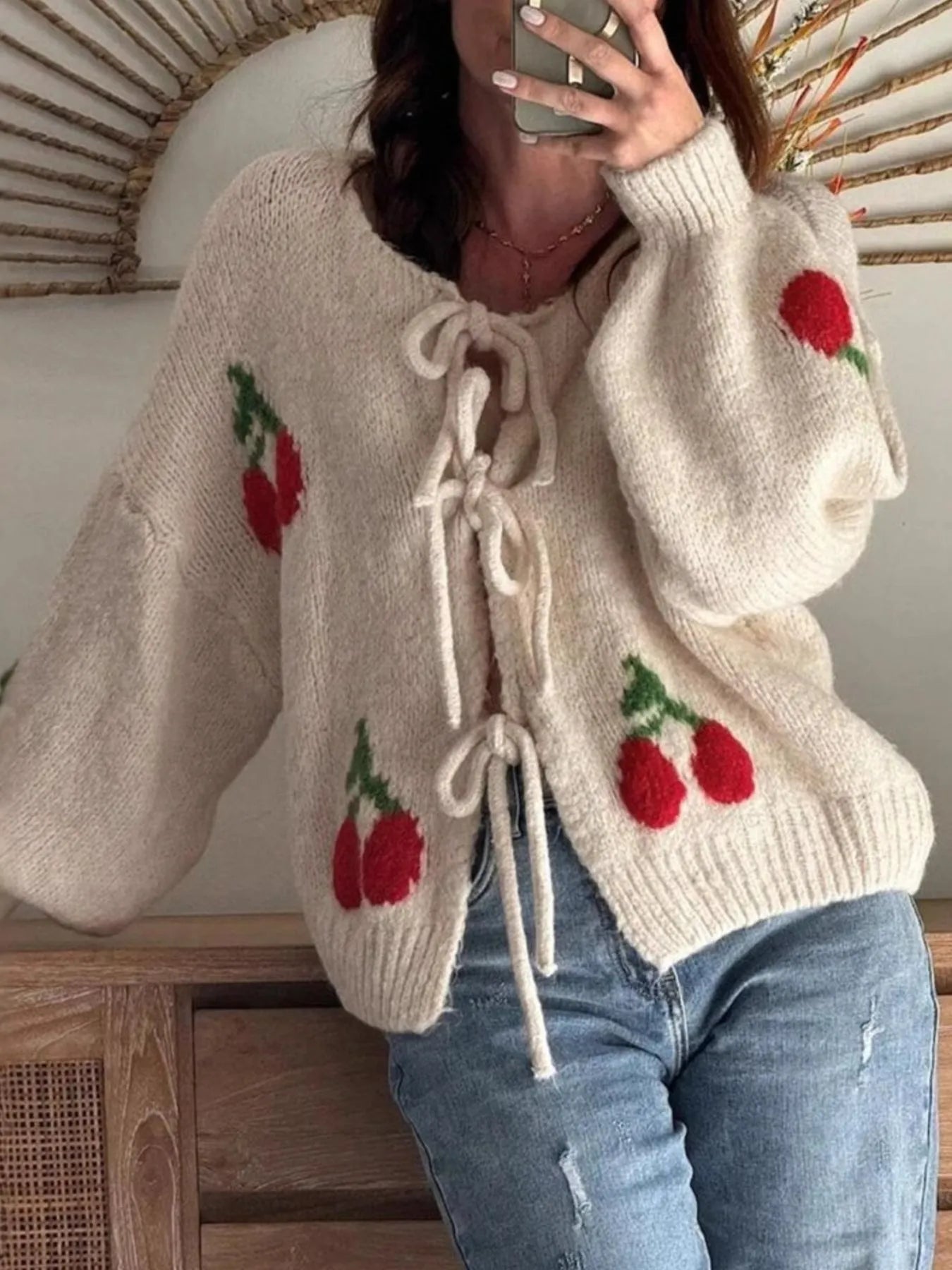 Cherry Pattern Tie-Front Oversized Cardigan-Cardigan-Krush Kandy, Women's Online Fashion Boutique Located in Phoenix, Arizona (Scottsdale Area)