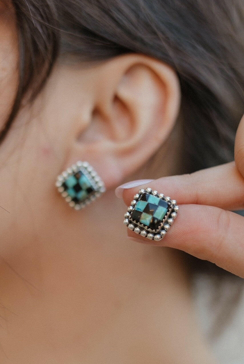 Checkered Studded Stud Earrings-Stud Earrings-Krush Kandy, Women's Online Fashion Boutique Located in Phoenix, Arizona (Scottsdale Area)