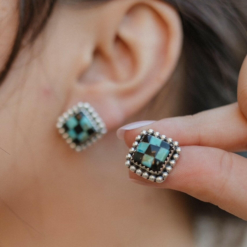 Checkered Studded Stud Earrings-Stud Earrings-Krush Kandy, Women's Online Fashion Boutique Located in Phoenix, Arizona (Scottsdale Area)