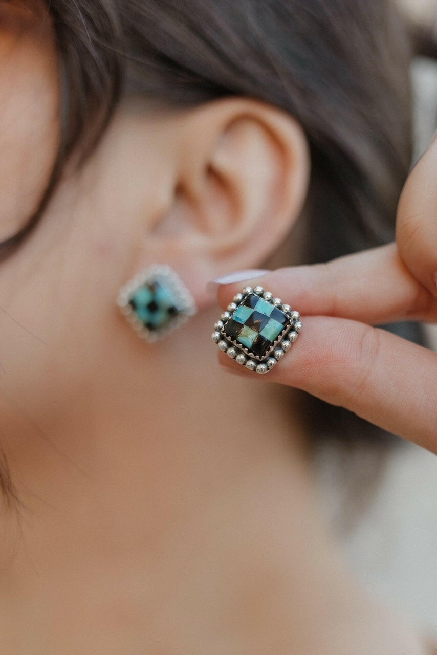 Checkered Studded Stud Earrings-Stud Earrings-Krush Kandy, Women's Online Fashion Boutique Located in Phoenix, Arizona (Scottsdale Area)