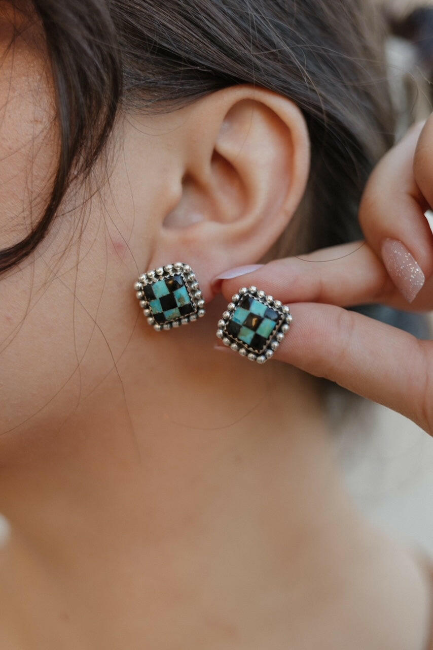 Checkered Studded Stud Earrings-Stud Earrings-Krush Kandy, Women's Online Fashion Boutique Located in Phoenix, Arizona (Scottsdale Area)