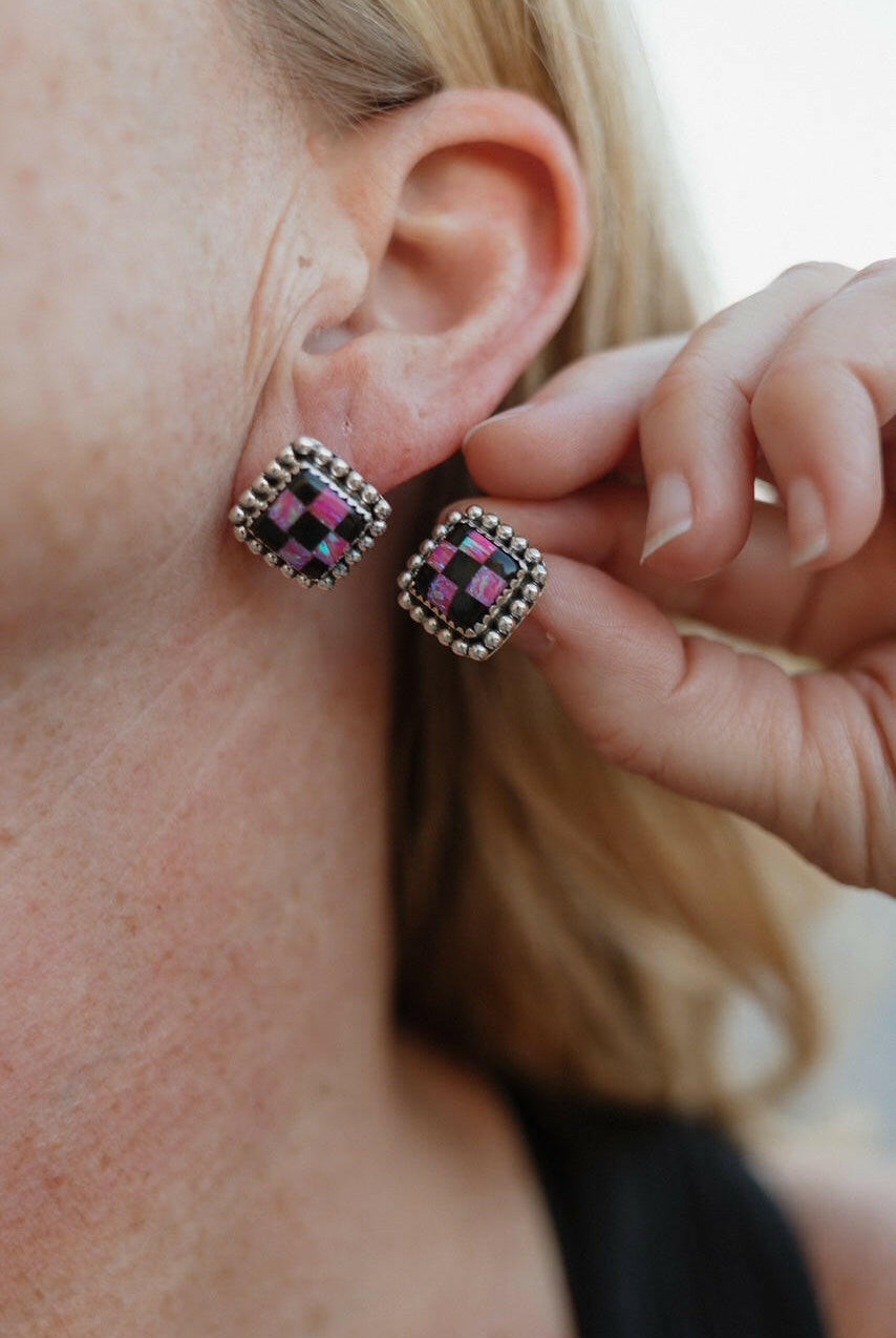 Checkered Studded Stud Earrings-Stud Earrings-Krush Kandy, Women's Online Fashion Boutique Located in Phoenix, Arizona (Scottsdale Area)