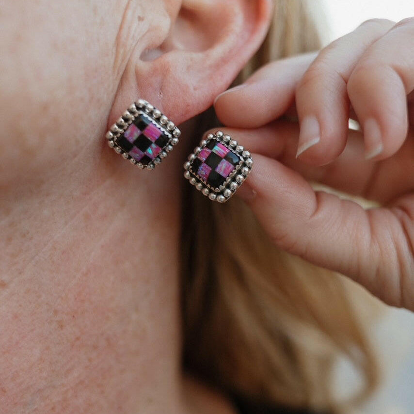 Checkered Studded Stud Earrings-Stud Earrings-Krush Kandy, Women's Online Fashion Boutique Located in Phoenix, Arizona (Scottsdale Area)
