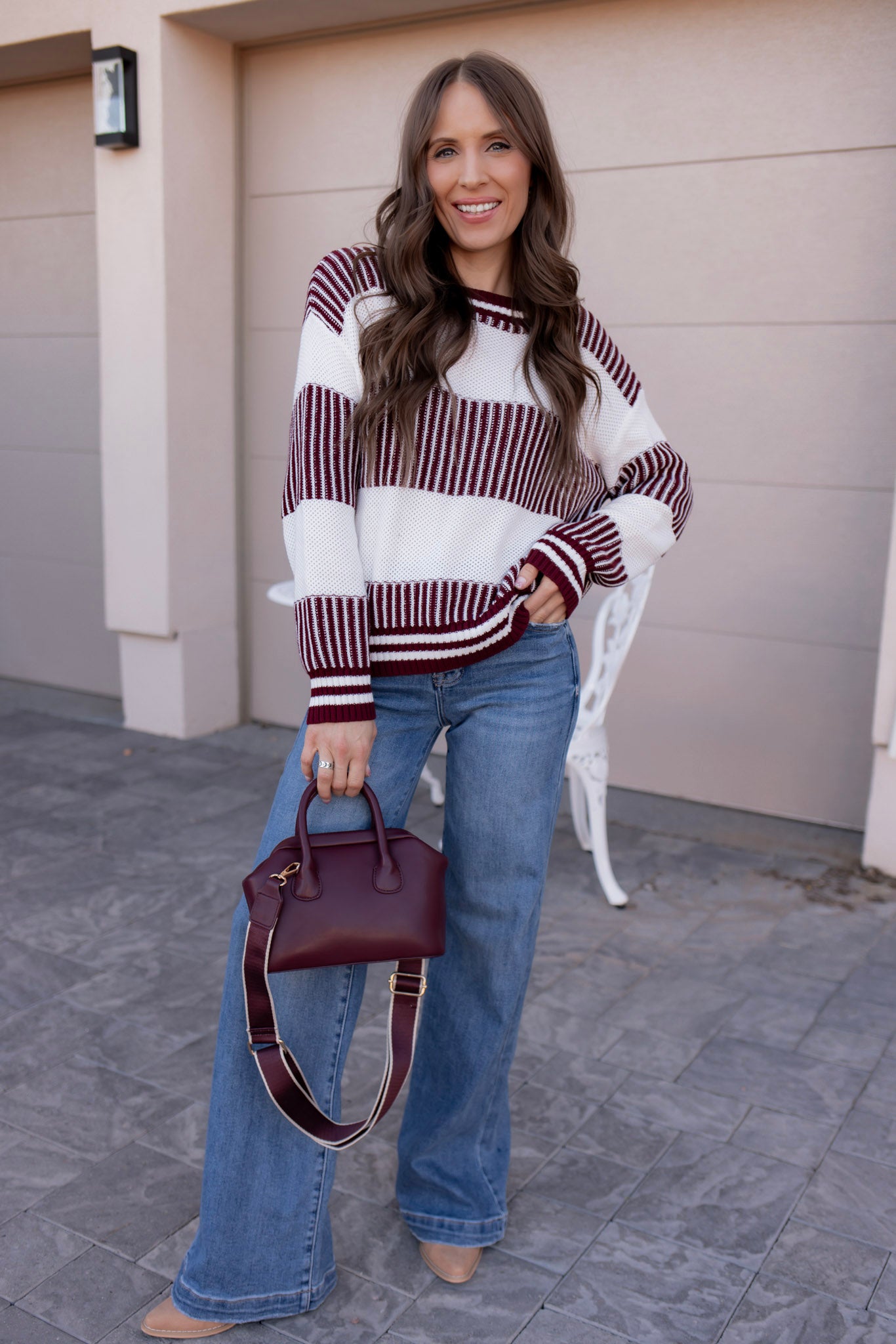 Tiffany Wine Striped Knit Sweater-Sweater-Krush Kandy, Women's Online Fashion Boutique Located in Phoenix, Arizona (Scottsdale Area)
