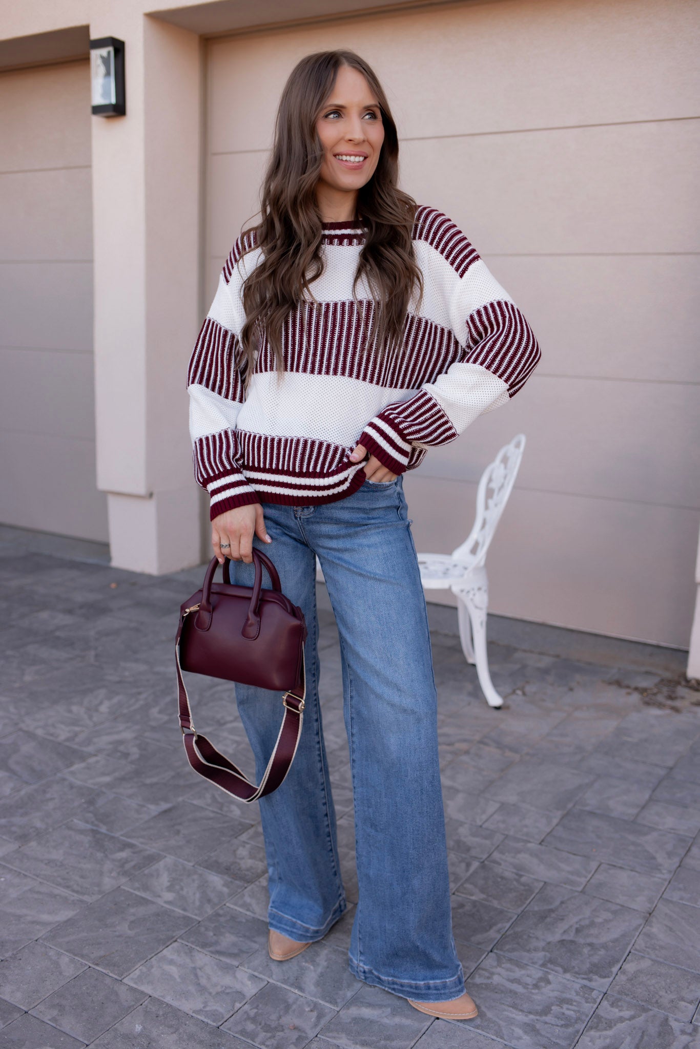 Tiffany Wine Striped Knit Sweater-Sweater-Krush Kandy, Women's Online Fashion Boutique Located in Phoenix, Arizona (Scottsdale Area)