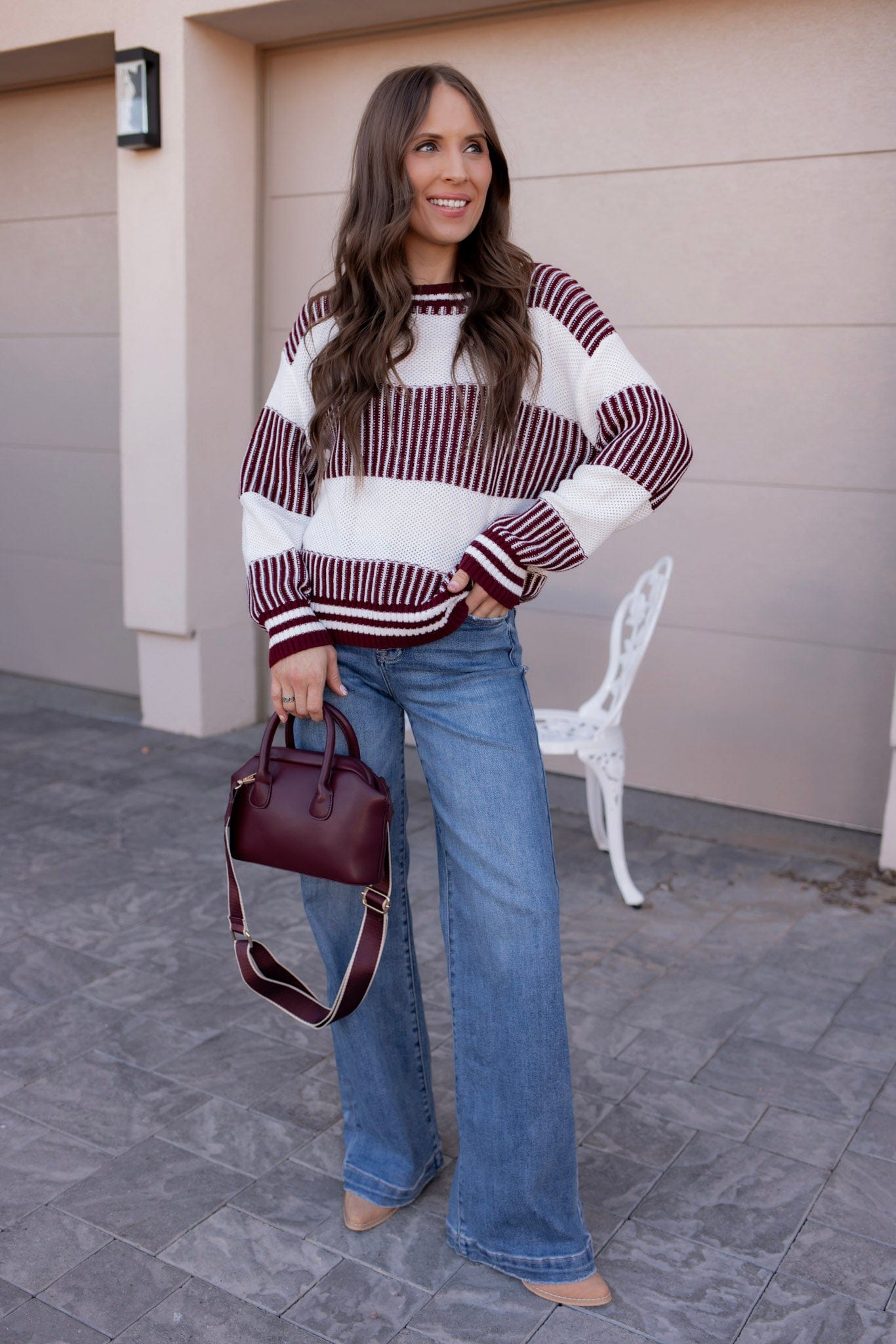 Tiffany Wine Striped Knit Sweater-Sweater-Krush Kandy, Women's Online Fashion Boutique Located in Phoenix, Arizona (Scottsdale Area)