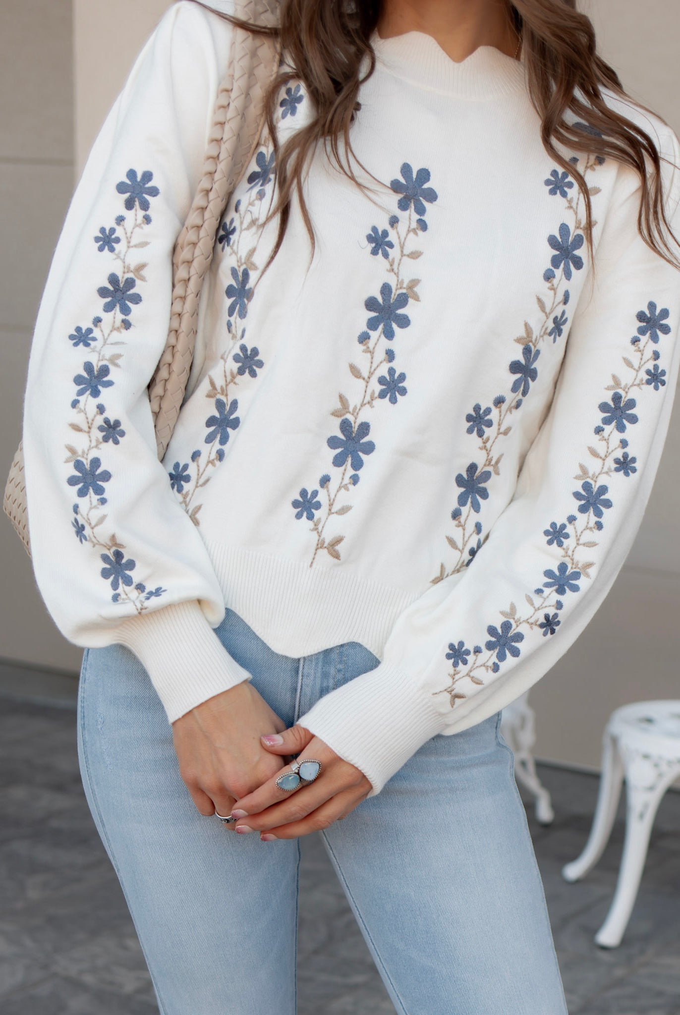 Floral Embroidered Scallop Hem Sweater-Sweater-Krush Kandy, Women's Online Fashion Boutique Located in Phoenix, Arizona (Scottsdale Area)