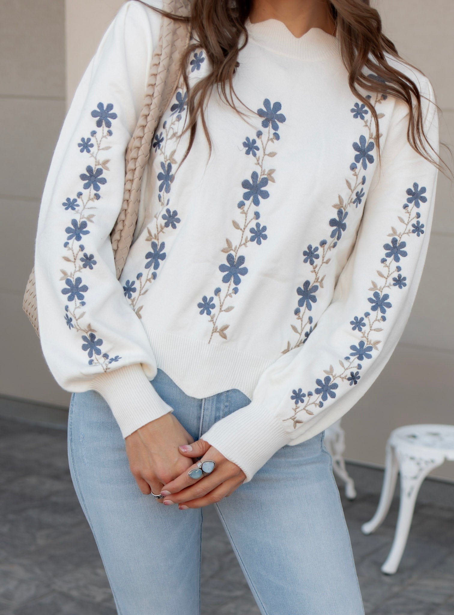 Floral Embroidered Scallop Hem Sweater-Sweater-Krush Kandy, Women's Online Fashion Boutique Located in Phoenix, Arizona (Scottsdale Area)