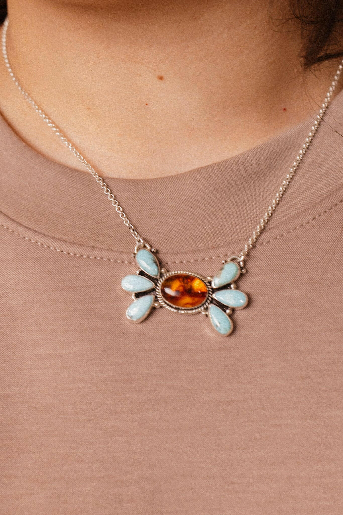 Baby Bell Turquoise & Amber Stone Necklace-Chain Necklaces-Krush Kandy, Women's Online Fashion Boutique Located in Phoenix, Arizona (Scottsdale Area)