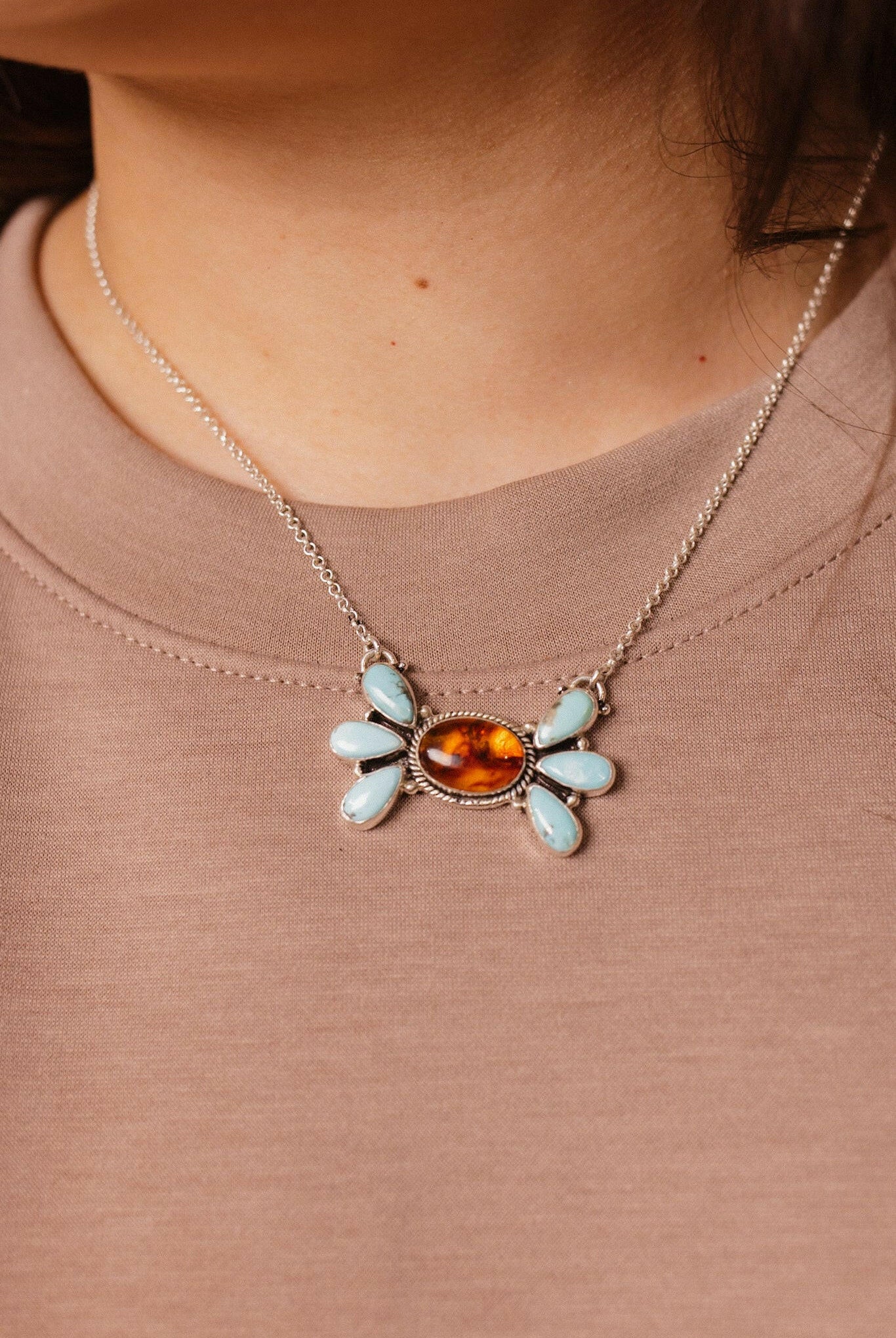 Baby Bell Turquoise & Amber Stone Necklace-Chain Necklaces-Krush Kandy, Women's Online Fashion Boutique Located in Phoenix, Arizona (Scottsdale Area)