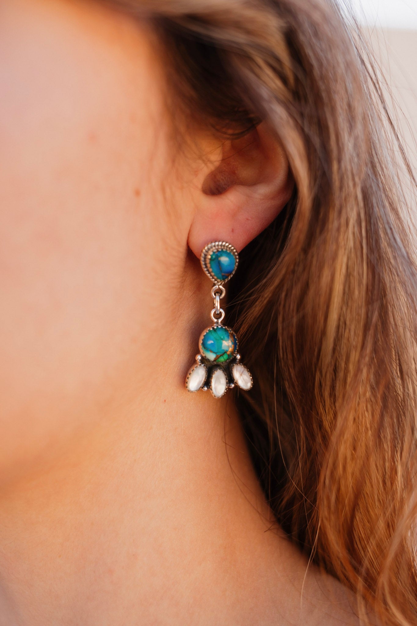 Peacock Dahlia & White Shell Clove Cluster Earrings-Earrings-Krush Kandy, Women's Online Fashion Boutique Located in Phoenix, Arizona (Scottsdale Area)