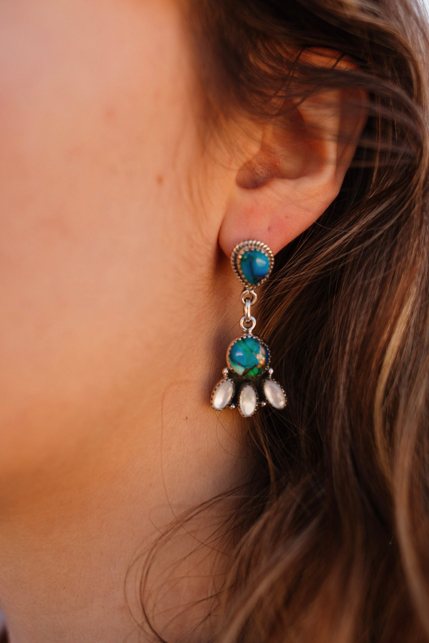 Peacock Dahlia & White Shell Clove Cluster Earrings-Earrings-Krush Kandy, Women's Online Fashion Boutique Located in Phoenix, Arizona (Scottsdale Area)