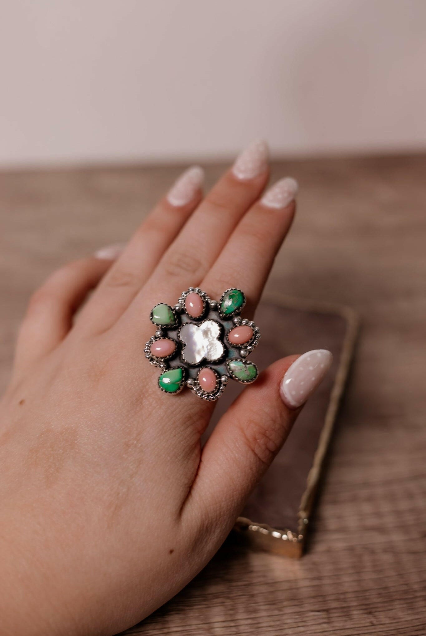 White Shell Clover & Multi Stone Ring-Rings-Krush Kandy, Women's Online Fashion Boutique Located in Phoenix, Arizona (Scottsdale Area)