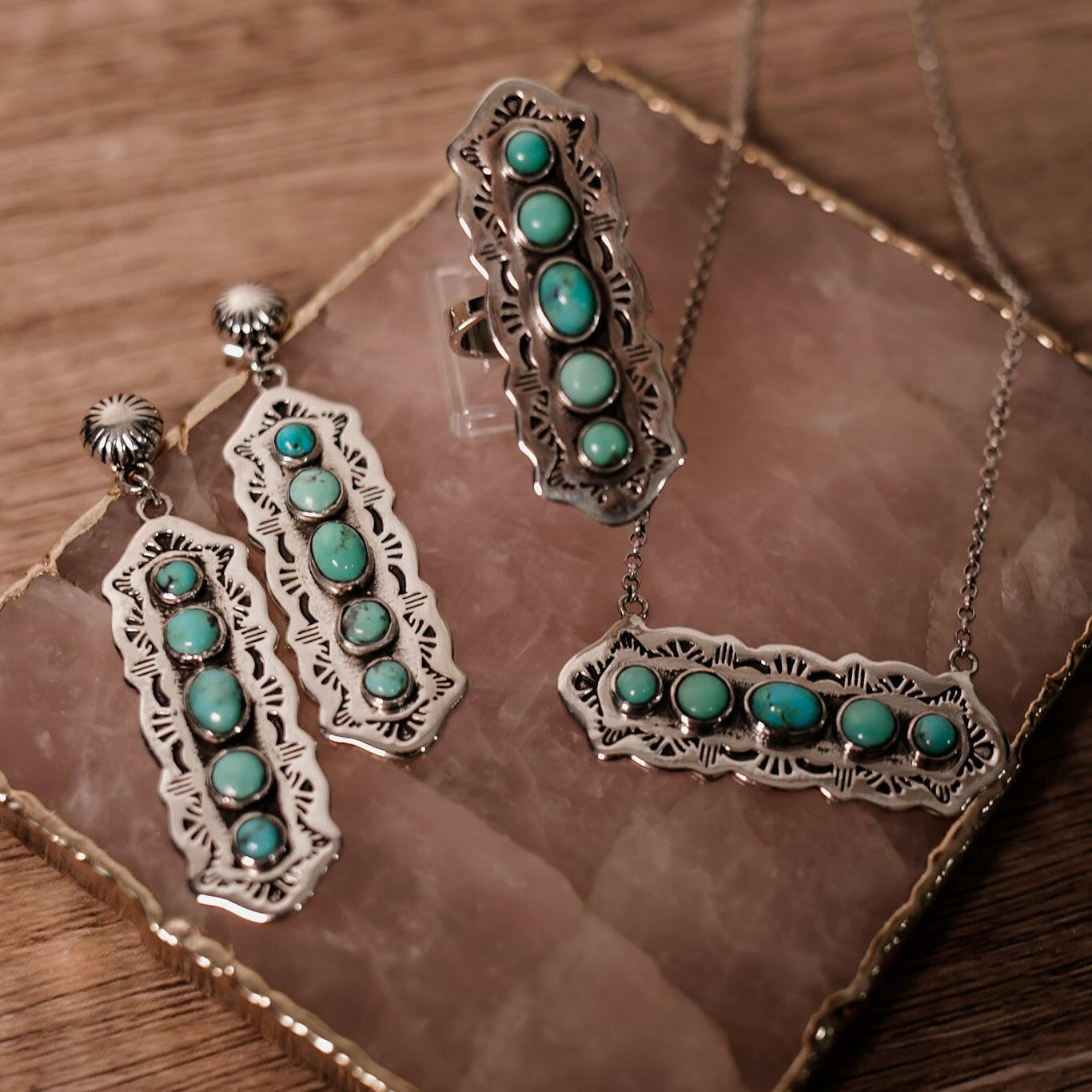 Wanderlust Dreams Turquoise Necklace, Ring & Earrings-Chain Necklaces-Krush Kandy, Women's Online Fashion Boutique Located in Phoenix, Arizona (Scottsdale Area)