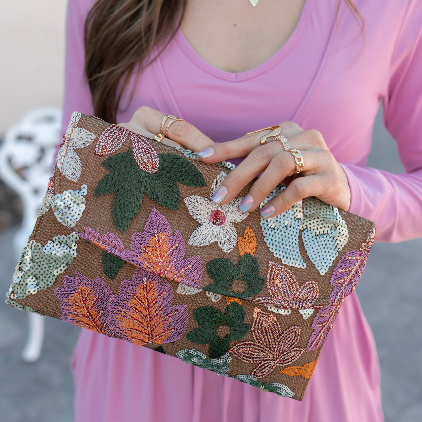 Floral Leaf Embroidered Sequin Clutch