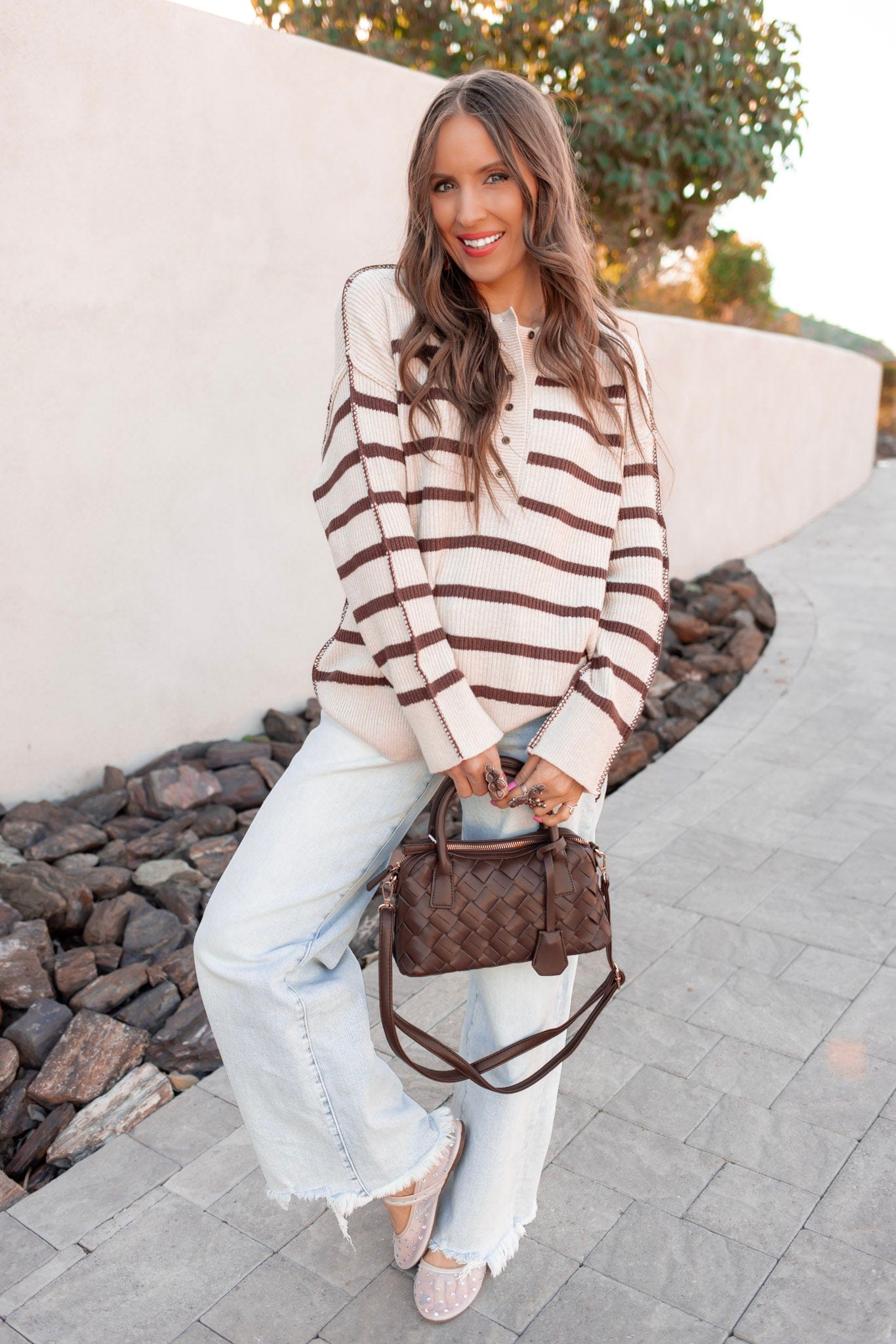 Sweet Espresso Stripe Ribbed Henley Slouchy Sweater-Sweater-Krush Kandy, Women's Online Fashion Boutique Located in Phoenix, Arizona (Scottsdale Area)