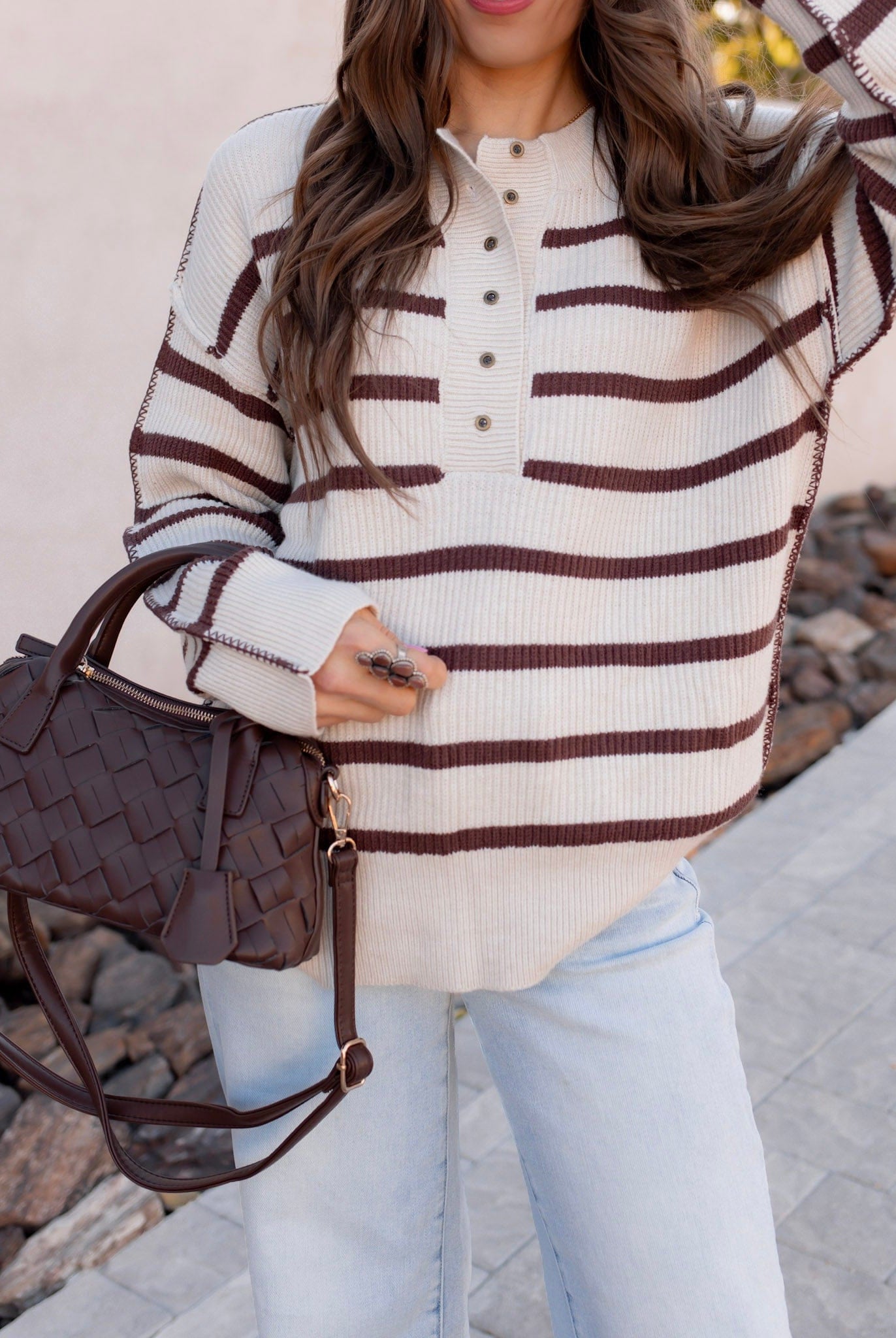 Sweet Espresso Stripe Ribbed Henley Slouchy Sweater-Sweater-Krush Kandy, Women's Online Fashion Boutique Located in Phoenix, Arizona (Scottsdale Area)