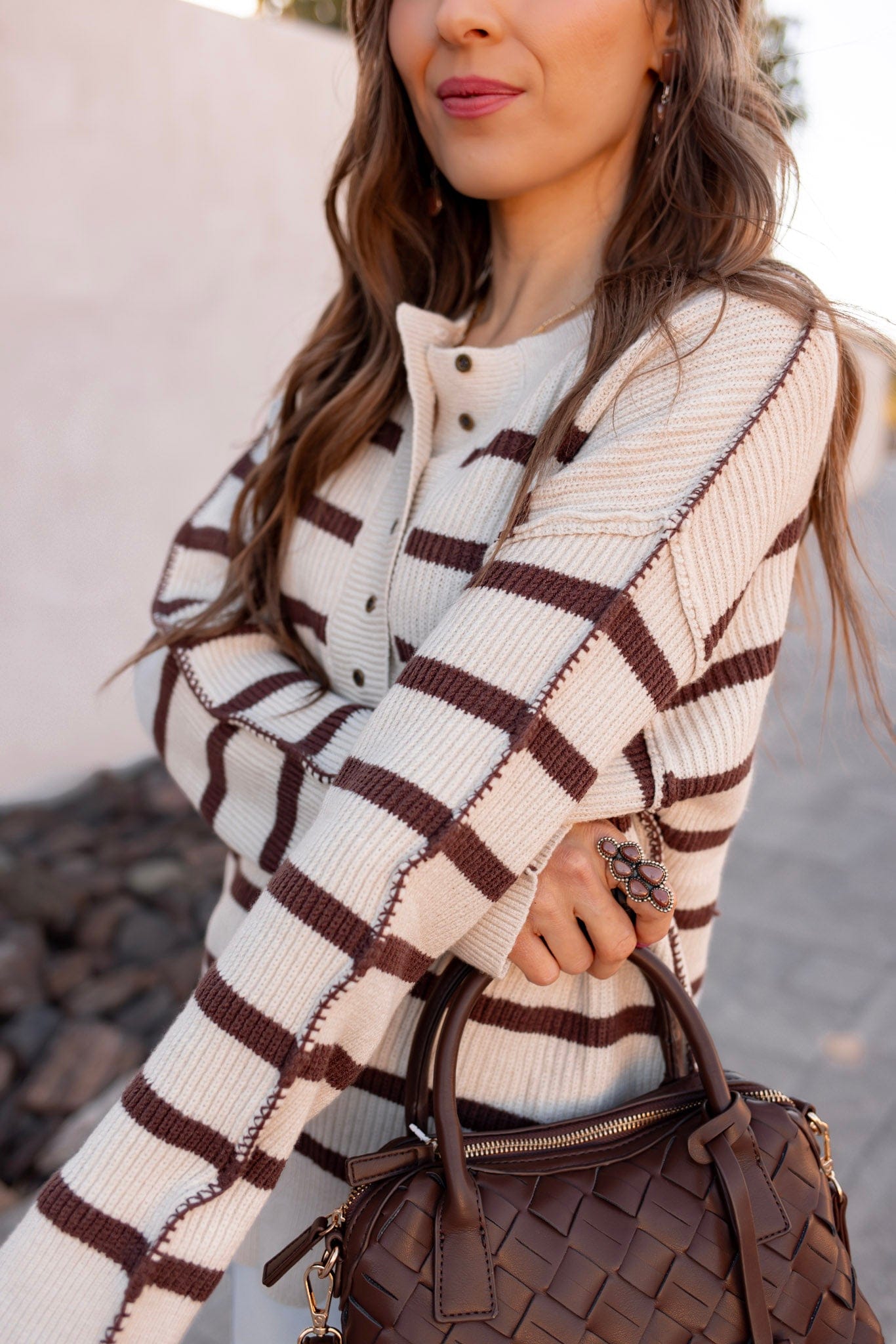 Sweet Espresso Stripe Ribbed Henley Slouchy Sweater-Sweater-Krush Kandy, Women's Online Fashion Boutique Located in Phoenix, Arizona (Scottsdale Area)