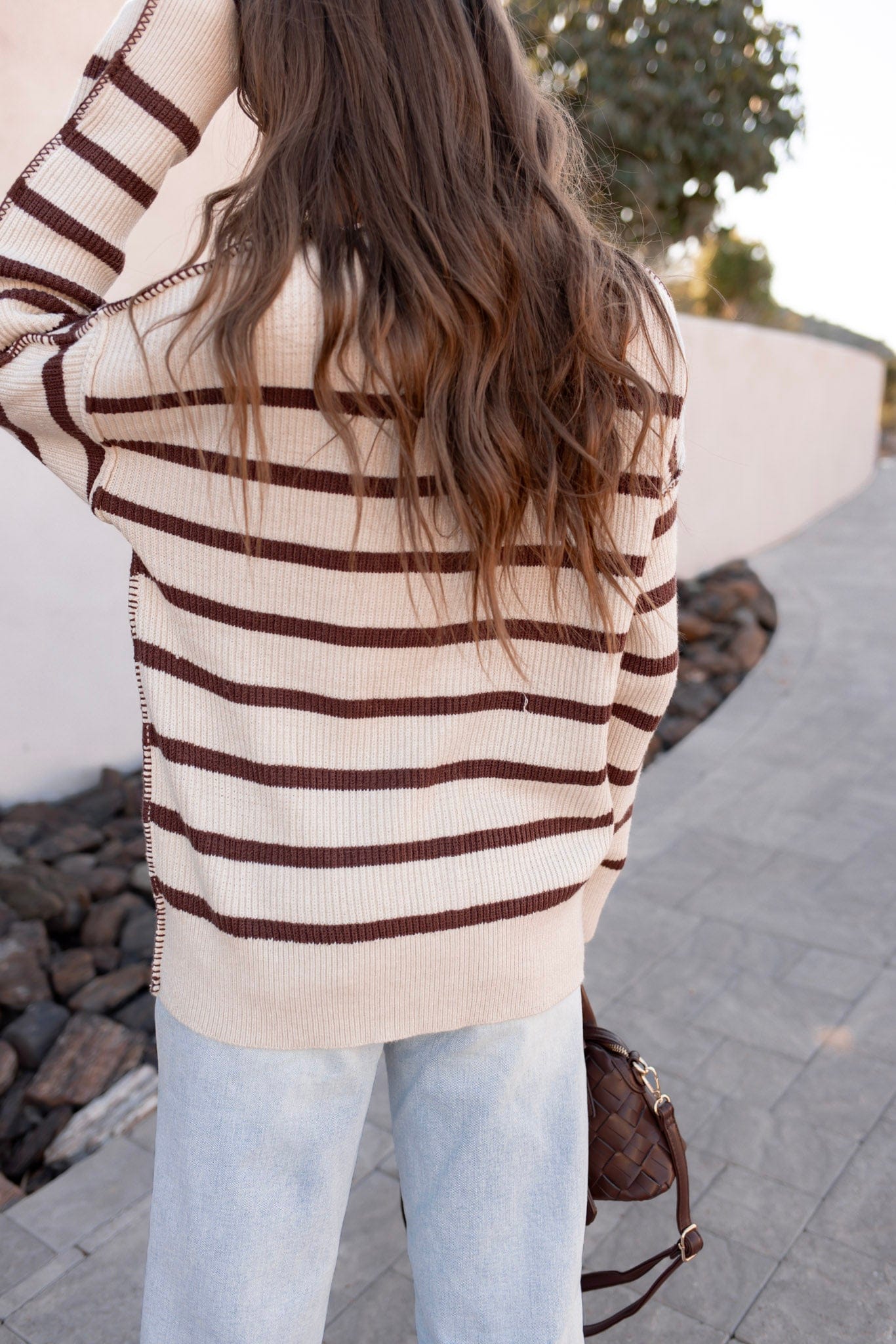 Sweet Espresso Stripe Ribbed Henley Slouchy Sweater-Sweater-Krush Kandy, Women's Online Fashion Boutique Located in Phoenix, Arizona (Scottsdale Area)