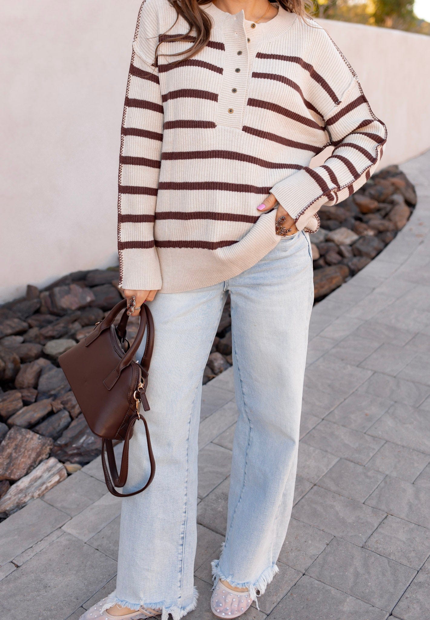 Sweet Espresso Stripe Ribbed Henley Slouchy Sweater-Sweater-Krush Kandy, Women's Online Fashion Boutique Located in Phoenix, Arizona (Scottsdale Area)