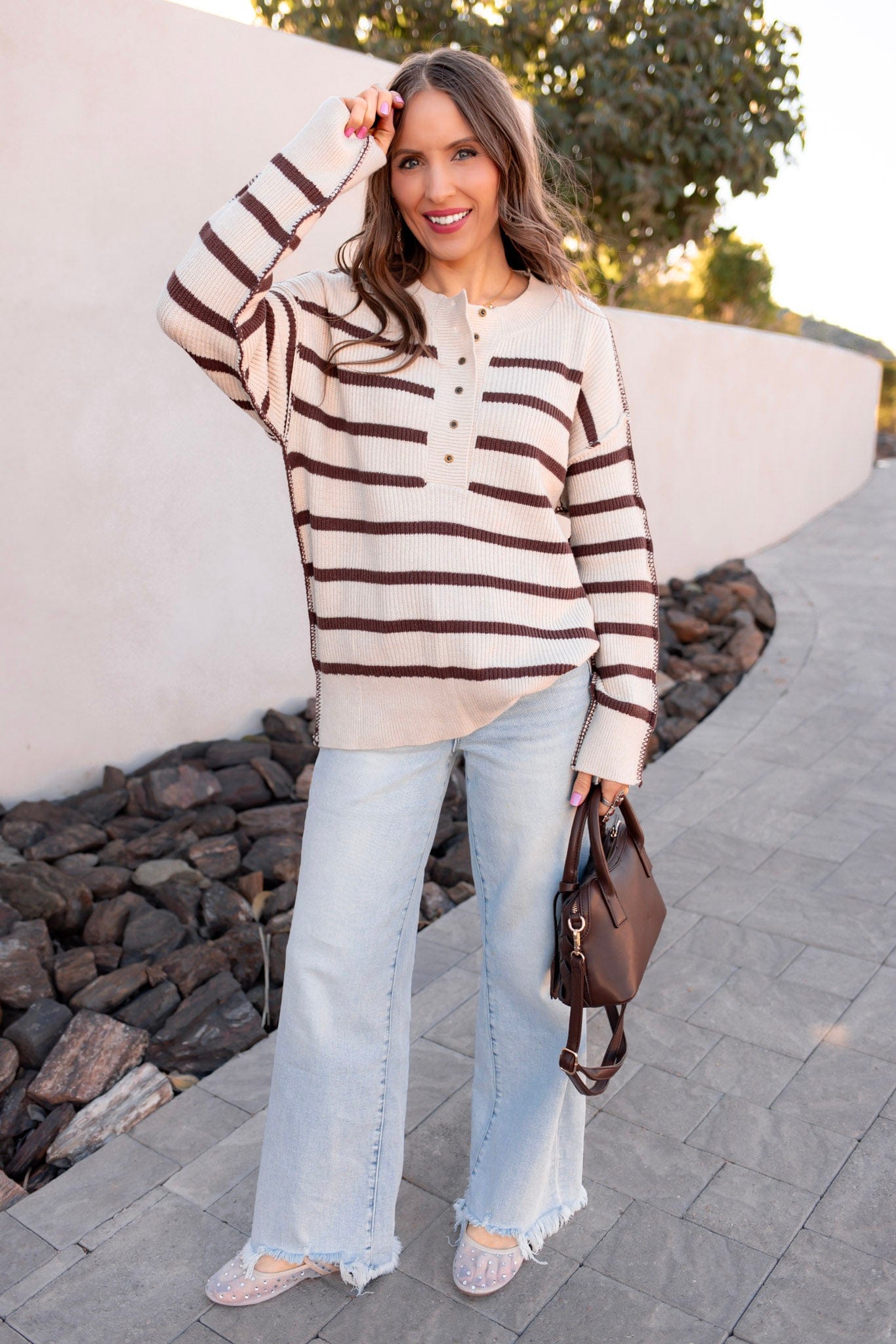 Sweet Espresso Stripe Ribbed Henley Slouchy Sweater-Sweater-Krush Kandy, Women's Online Fashion Boutique Located in Phoenix, Arizona (Scottsdale Area)