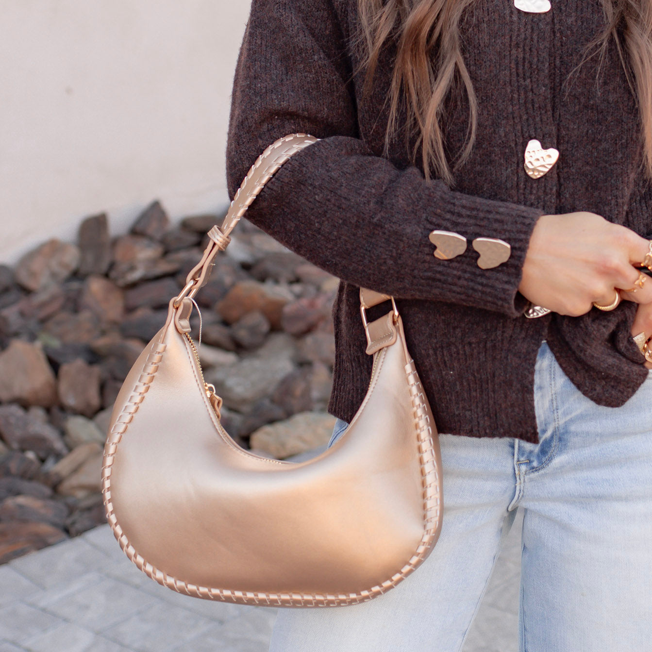 Aria Whipstitch Crescent Shoulder Bag