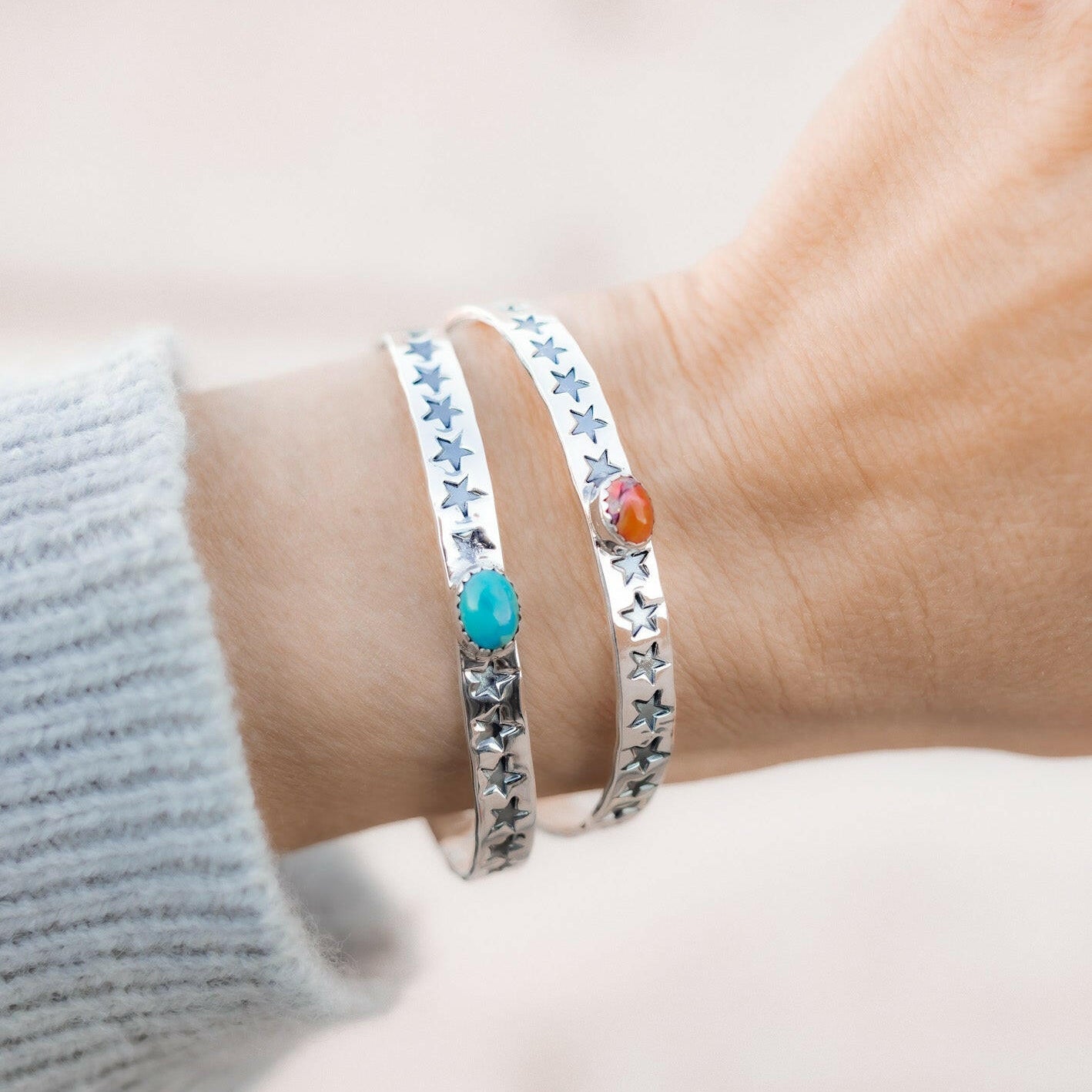 Star Stamped Single Stone Sterling Silver Cuff | PREORDER NOW OPEN-Cuffs-Krush Kandy, Women's Online Fashion Boutique Located in Phoenix, Arizona (Scottsdale Area)