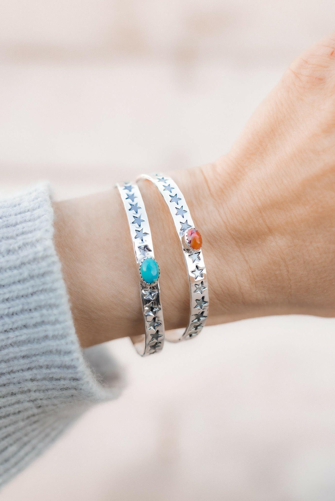 Star Stamped Single Stone Sterling Silver Cuff | PREORDER NOW OPEN-Cuffs-Krush Kandy, Women's Online Fashion Boutique Located in Phoenix, Arizona (Scottsdale Area)