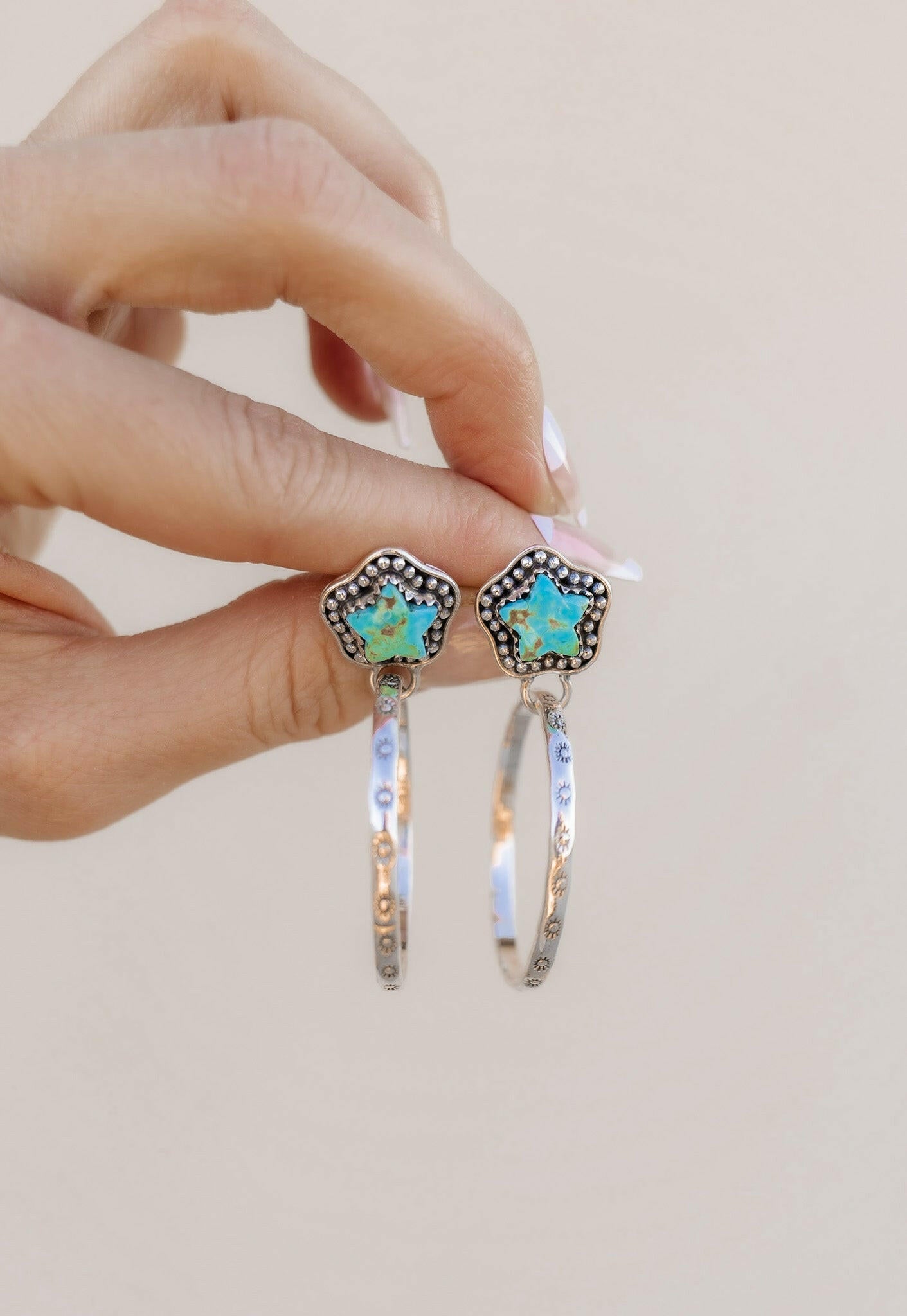 Star Stamped Hoop Sterling Silver Stone Earring MADE TO ORDER-Drop Earrings-Krush Kandy, Women's Online Fashion Boutique Located in Phoenix, Arizona (Scottsdale Area)