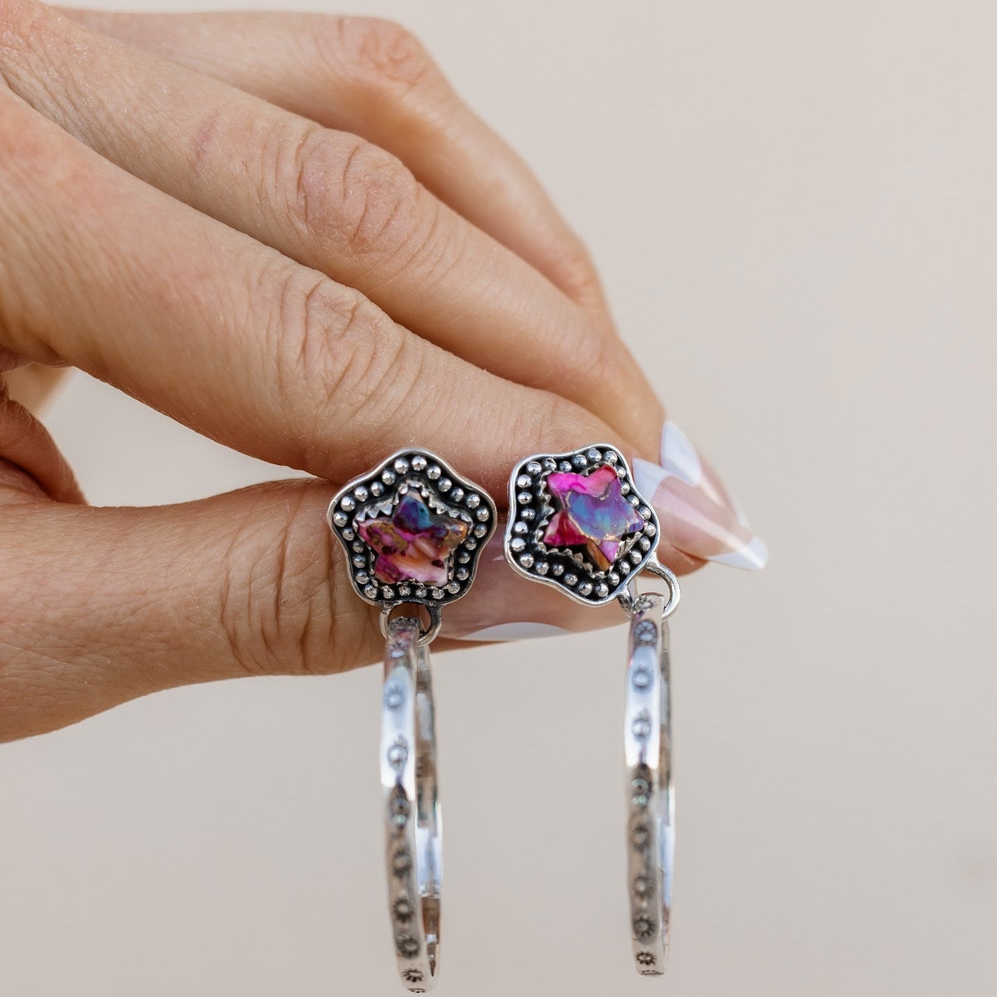 Star Stamped Hoop Sterling Silver Stone Earring MADE TO ORDER-Drop Earrings-Krush Kandy, Women's Online Fashion Boutique Located in Phoenix, Arizona (Scottsdale Area)