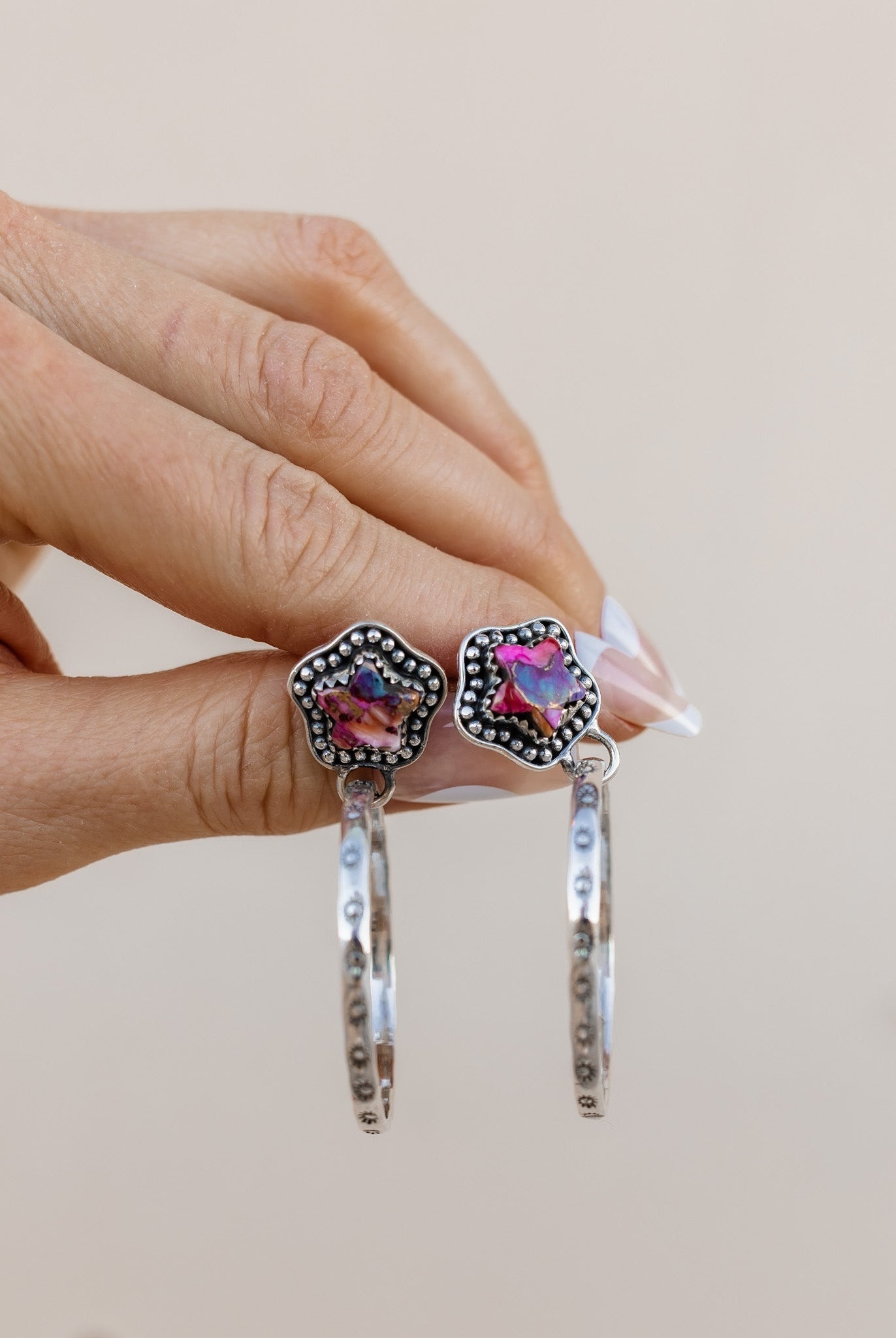 Star Stamped Hoop Sterling Silver Stone Earring MADE TO ORDER-Drop Earrings-Krush Kandy, Women's Online Fashion Boutique Located in Phoenix, Arizona (Scottsdale Area)