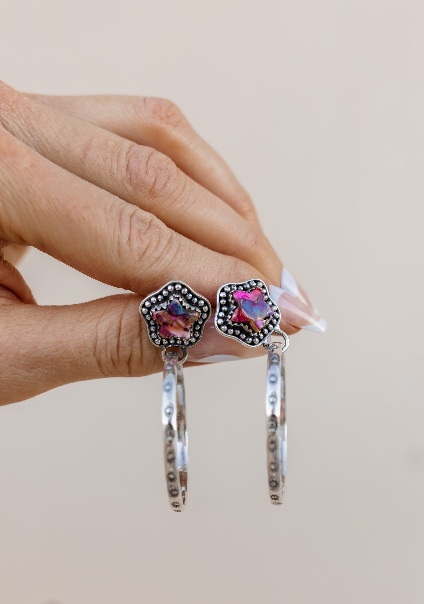 Star Stamped Hoop Sterling Silver Stone Earring MADE TO ORDER-Drop Earrings-Krush Kandy, Women's Online Fashion Boutique Located in Phoenix, Arizona (Scottsdale Area)