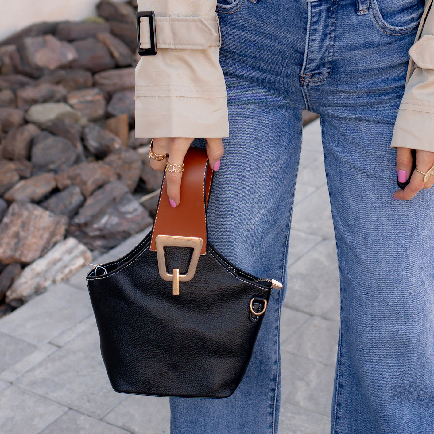 Buckle Handle Faux Leather Satchel