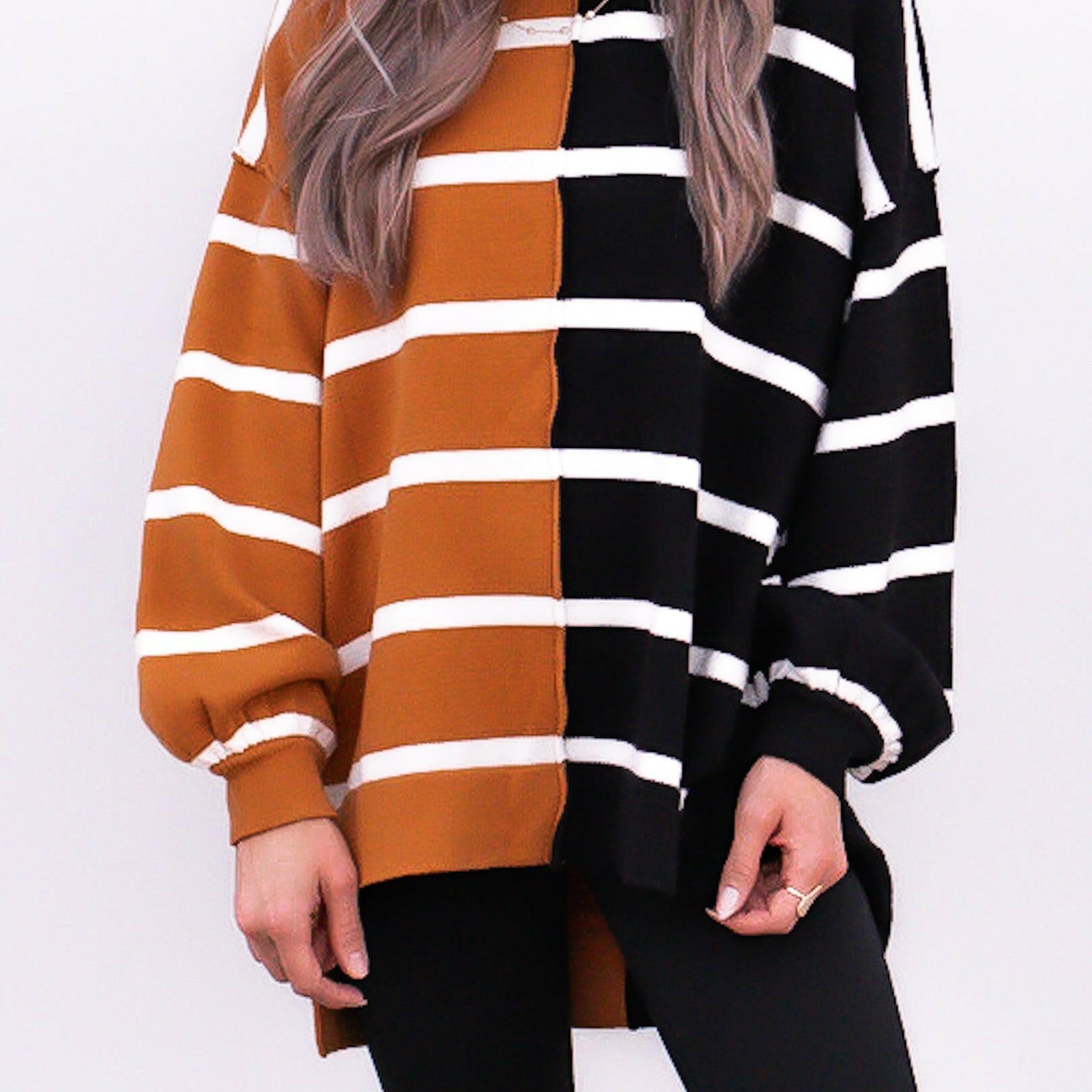 Luxe Half and Half Oversized Stripe Sweater | S-2X-Sweaters-Krush Kandy, Women's Online Fashion Boutique Located in Phoenix, Arizona (Scottsdale Area)