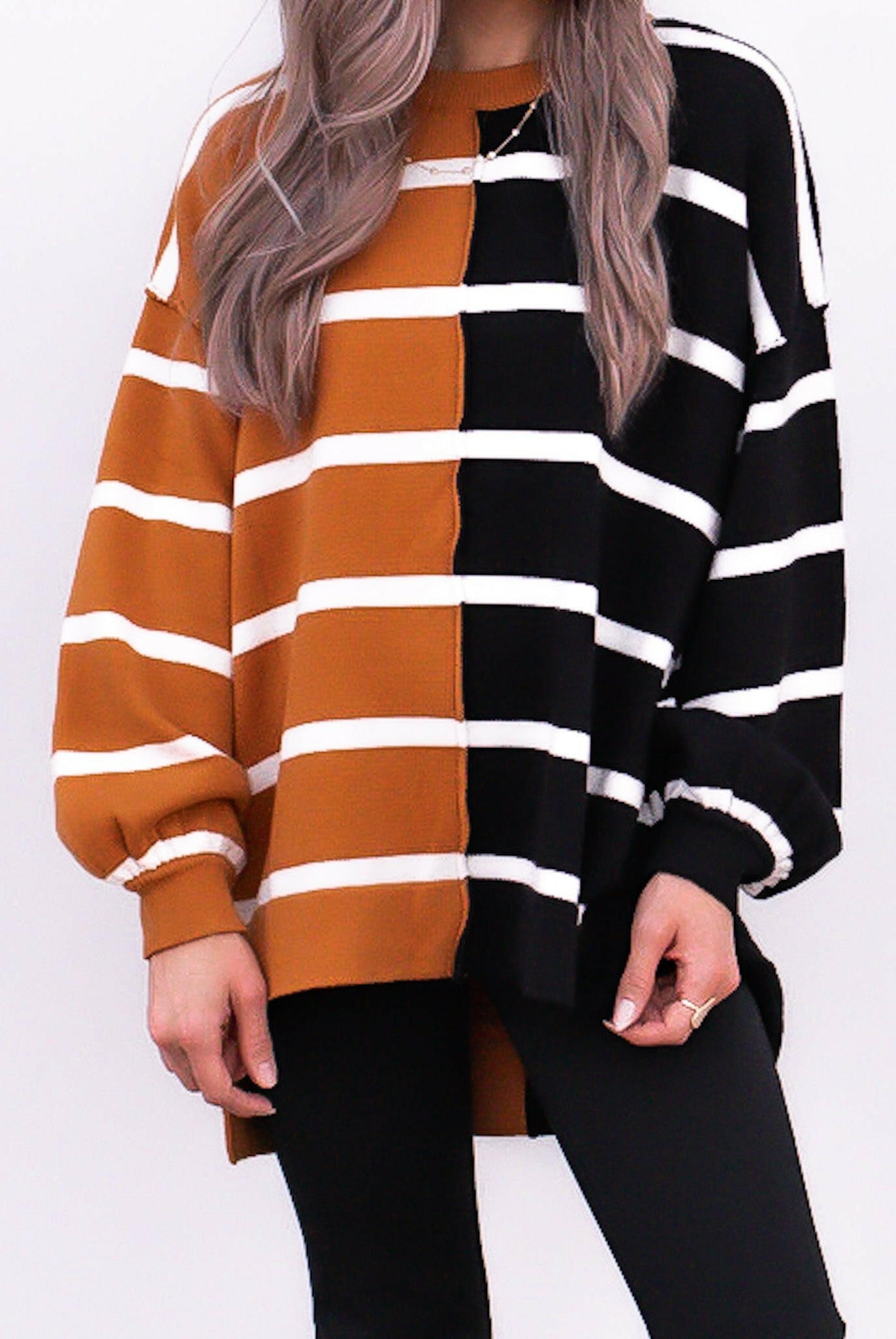 Luxe Half and Half Oversized Stripe Sweater | S-2X-Sweaters-Krush Kandy, Women's Online Fashion Boutique Located in Phoenix, Arizona (Scottsdale Area)