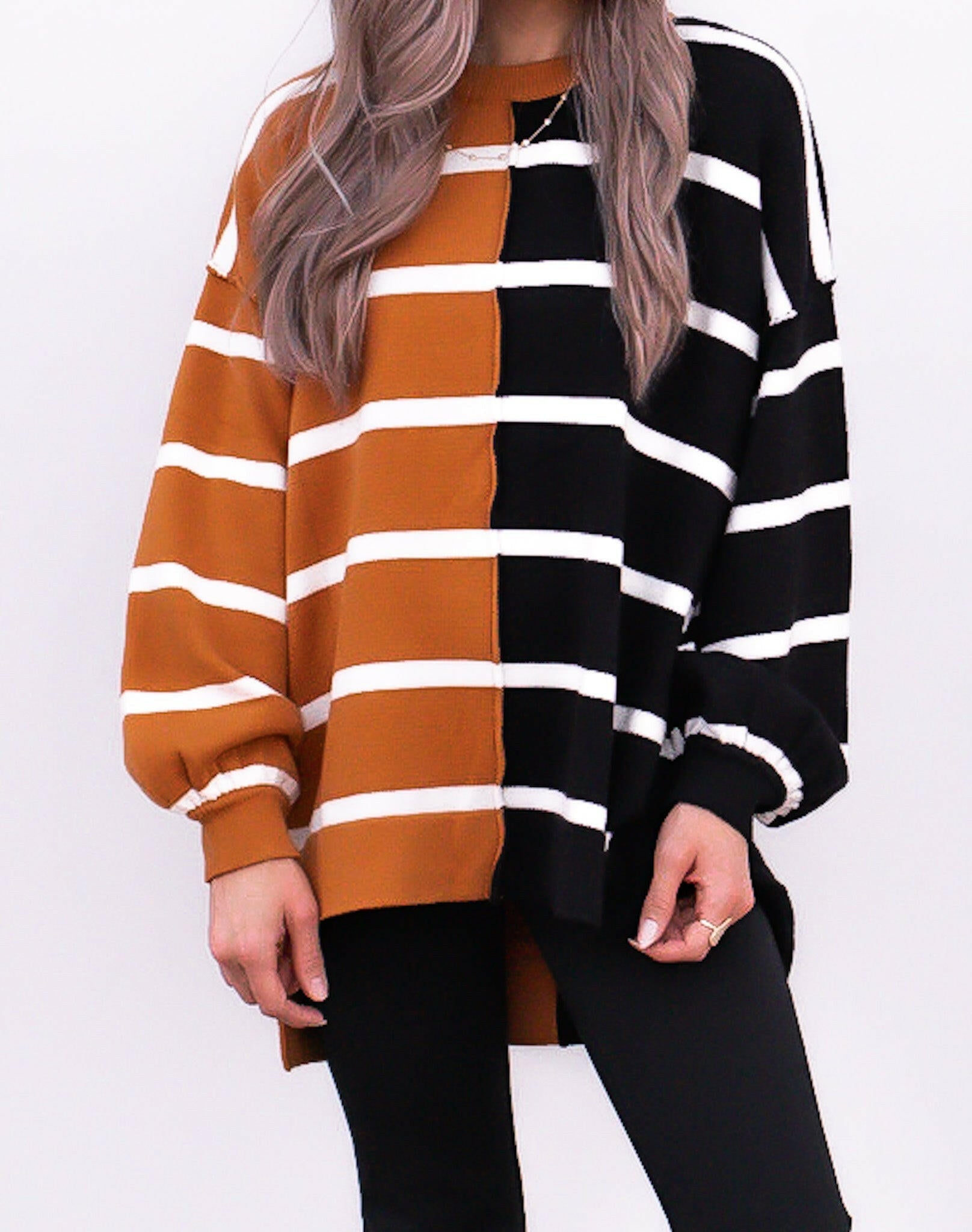 Luxe Half and Half Oversized Stripe Sweater | S-2X-Sweaters-Krush Kandy, Women's Online Fashion Boutique Located in Phoenix, Arizona (Scottsdale Area)