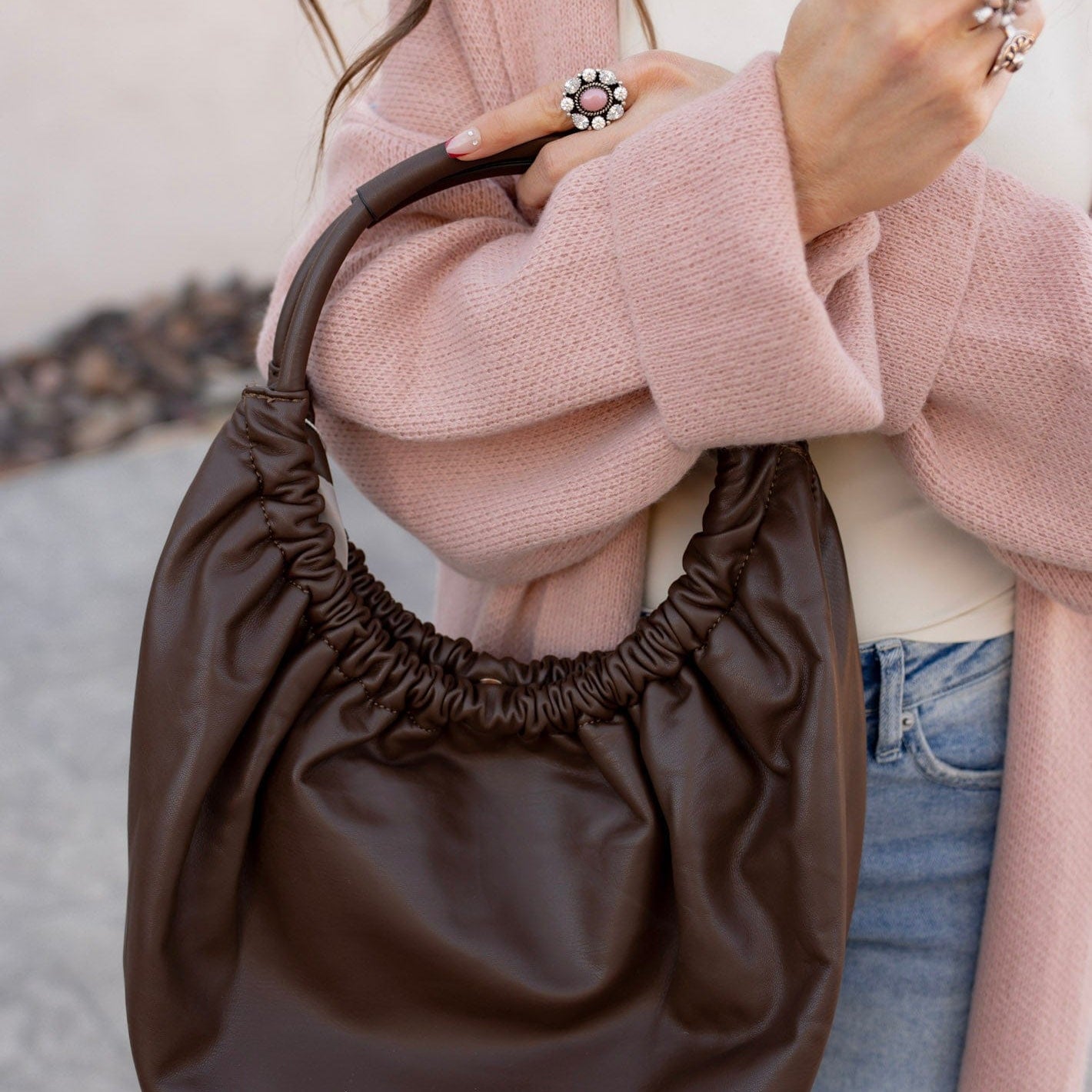 Lena Ruched Shoulder Bag w/ Round Handle