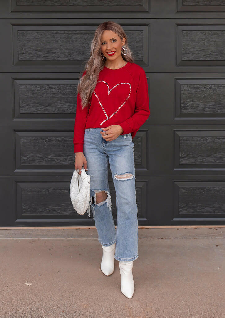 Radiant Love Red Rhinestone Heart Sweater Top-Sweaters-Krush Kandy, Women's Online Fashion Boutique Located in Phoenix, Arizona (Scottsdale Area)