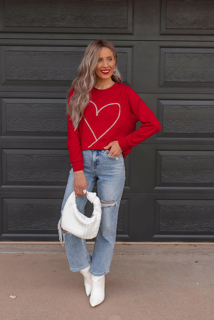 Radiant Love Red Rhinestone Heart Sweater Top-Sweaters-Krush Kandy, Women's Online Fashion Boutique Located in Phoenix, Arizona (Scottsdale Area)