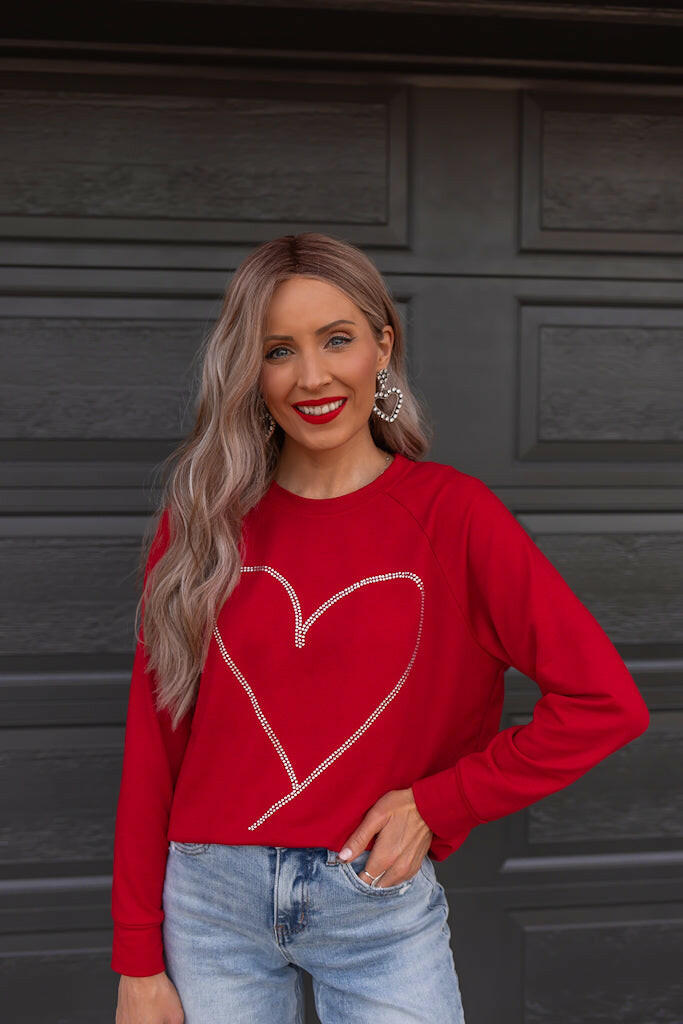 Radiant Love Red Rhinestone Heart Sweater Top-Sweaters-Krush Kandy, Women's Online Fashion Boutique Located in Phoenix, Arizona (Scottsdale Area)