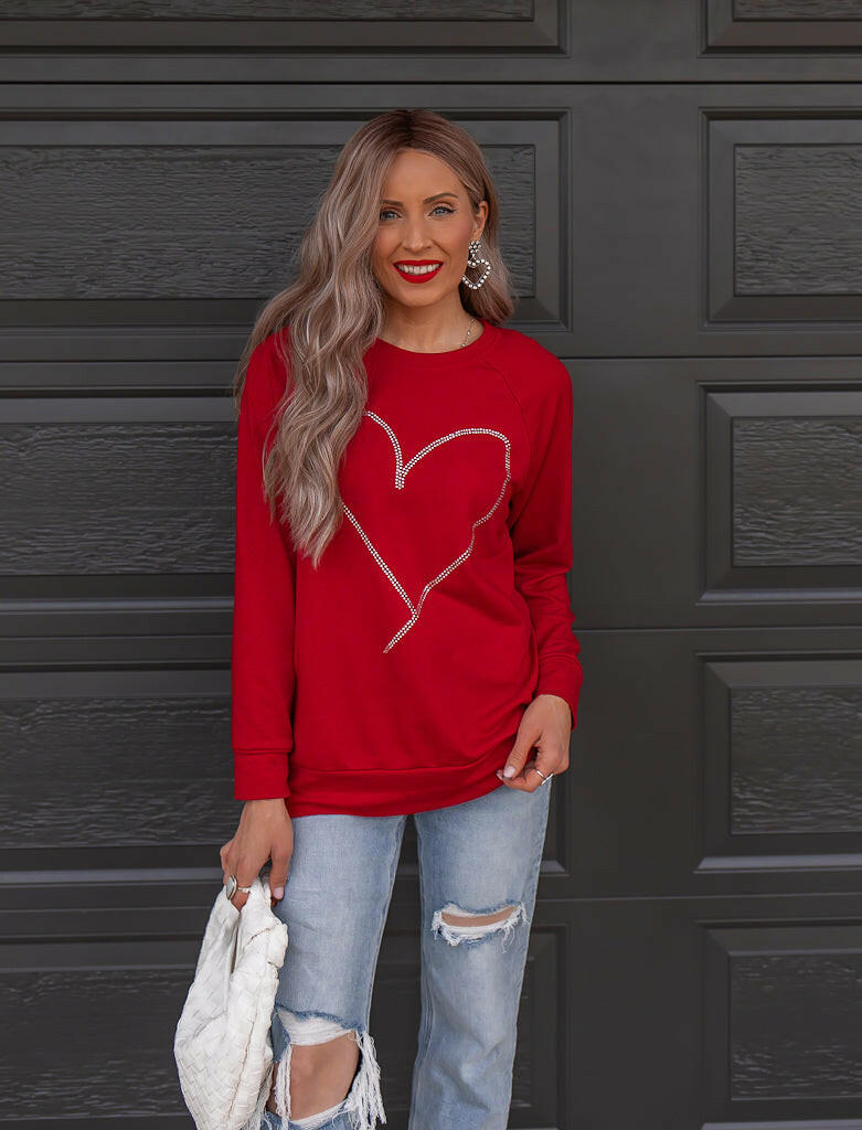 Radiant Love Red Rhinestone Heart Sweater Top-Sweaters-Krush Kandy, Women's Online Fashion Boutique Located in Phoenix, Arizona (Scottsdale Area)