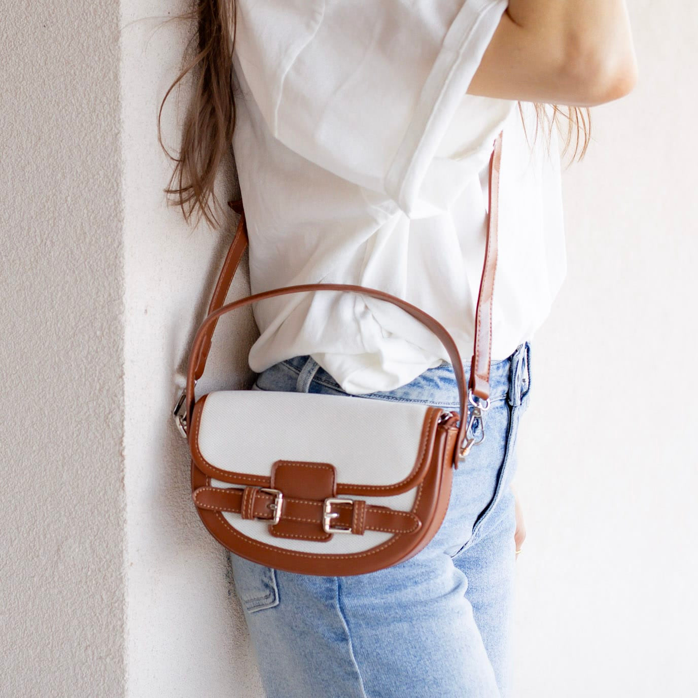 Buckle Décor Top Handle Canva Crossbody Bag