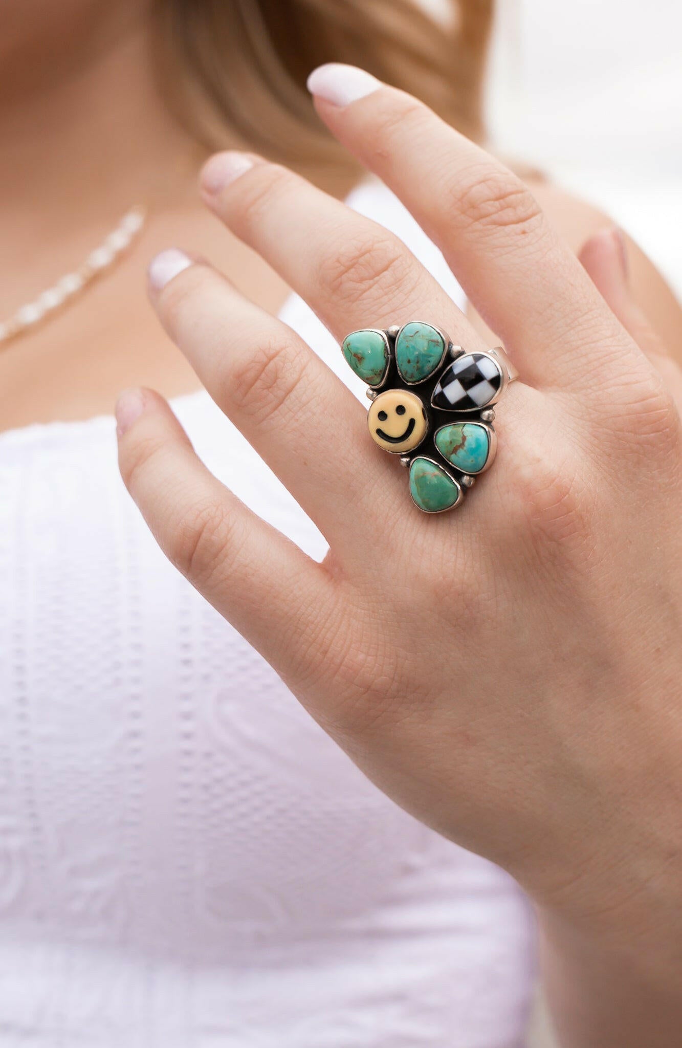 Happy Days Smiley Checkered Stone Rings-Cluster Rings-Krush Kandy, Women's Online Fashion Boutique Located in Phoenix, Arizona (Scottsdale Area)