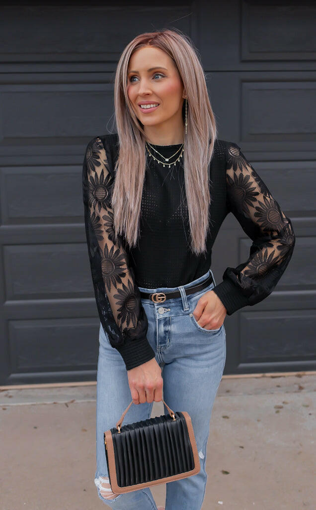 Sunflower Lace Mesh Sleeve Waffle Knit Top | S-XL-Long Sleeve Tops-Krush Kandy, Women's Online Fashion Boutique Located in Phoenix, Arizona (Scottsdale Area)