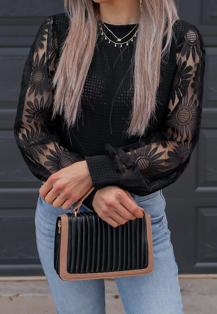 Sunflower Lace Mesh Sleeve Waffle Knit Top | S-XL-Long Sleeve Tops-Krush Kandy, Women's Online Fashion Boutique Located in Phoenix, Arizona (Scottsdale Area)