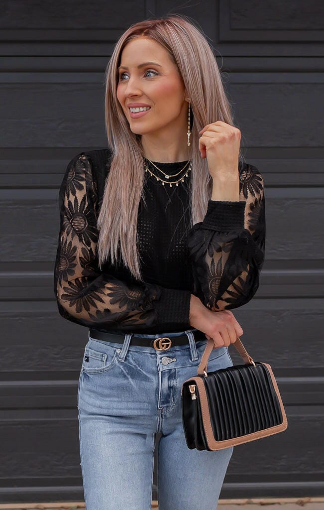 Sunflower Lace Mesh Sleeve Waffle Knit Top | S-XL-Long Sleeve Tops-Krush Kandy, Women's Online Fashion Boutique Located in Phoenix, Arizona (Scottsdale Area)